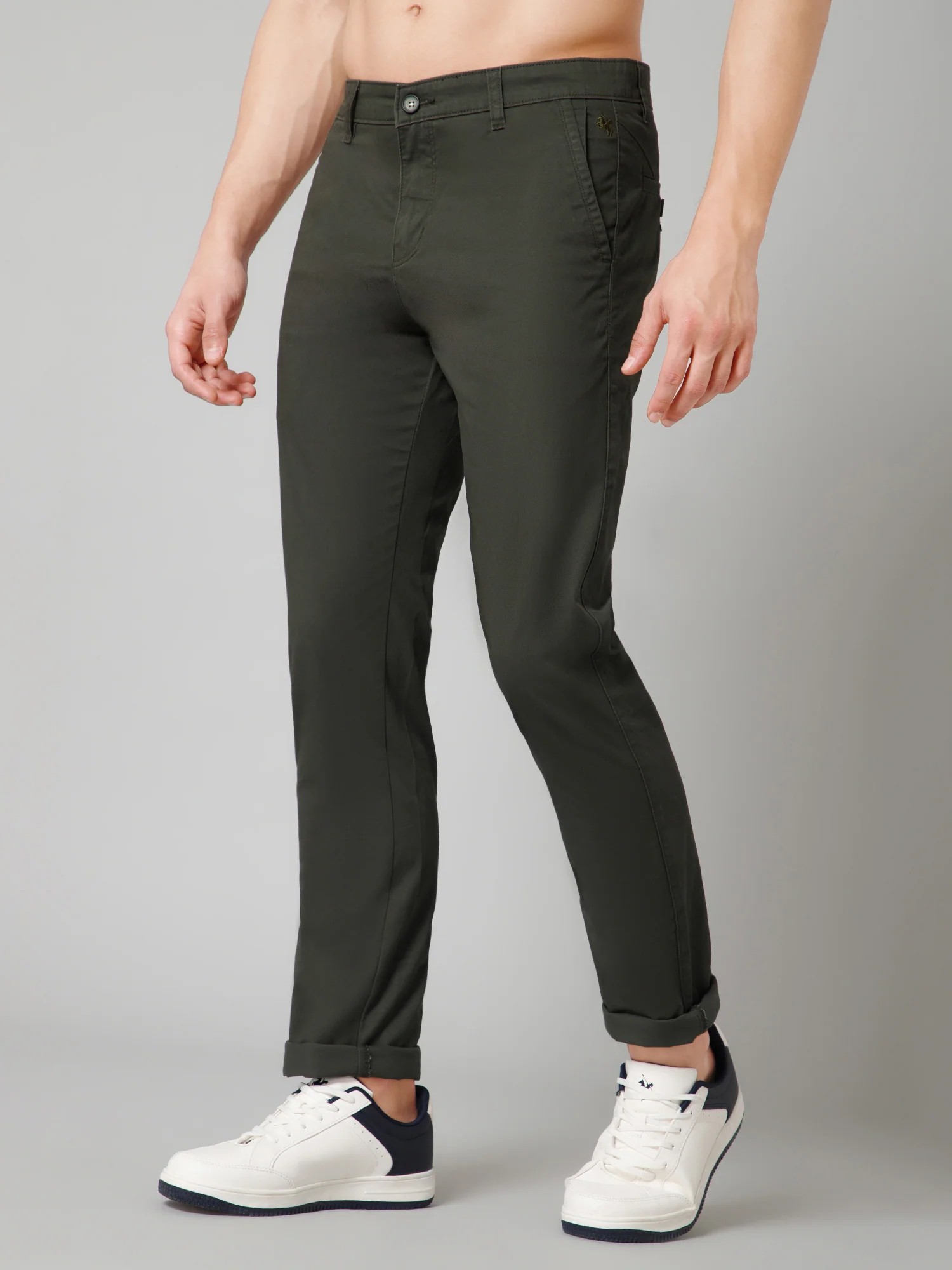 Men's Casual Flat front Olive Green  Trousers - Image 2