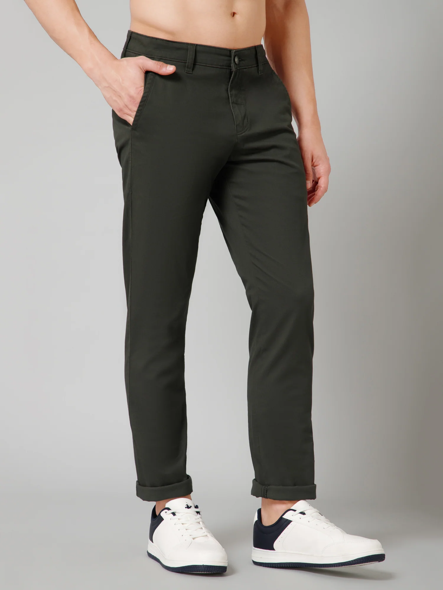 Men's Casual Flat front Olive Green  Trousers - Image 3