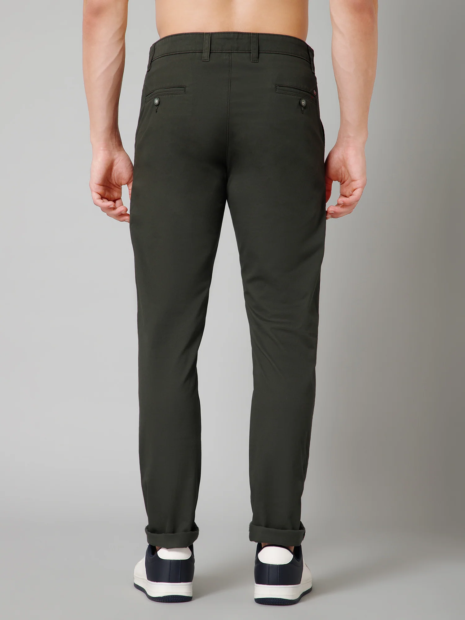 Men's Casual Flat front Olive Green  Trousers - Image 4