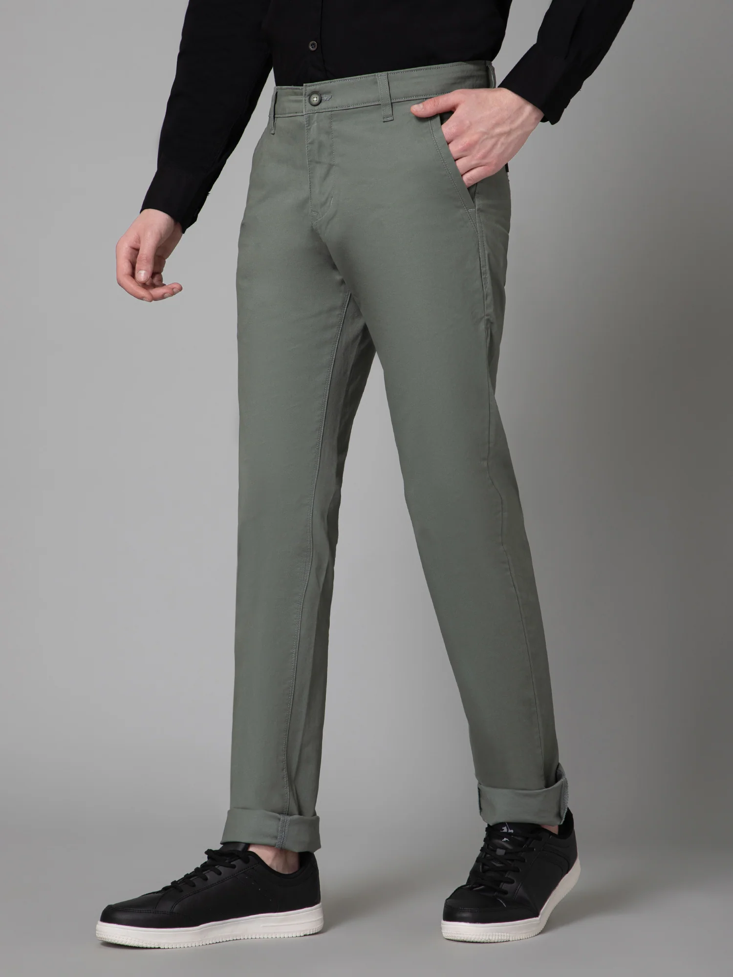 Men's Casual Flat front Olive Green  Trousers - Image 2