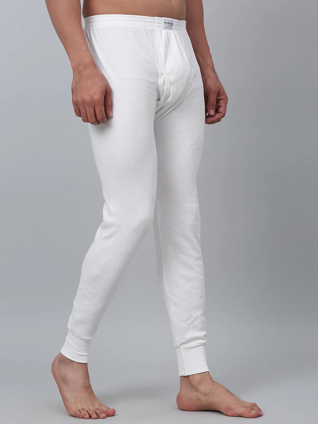 Solid Non Pleated Regular Fit Mid Rise Off White Thermal Bottom For Men - Image 2