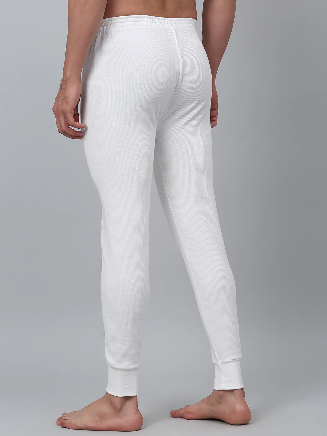 Solid Non Pleated Regular Fit Mid Rise Off White Thermal Bottom For Men - Image 5