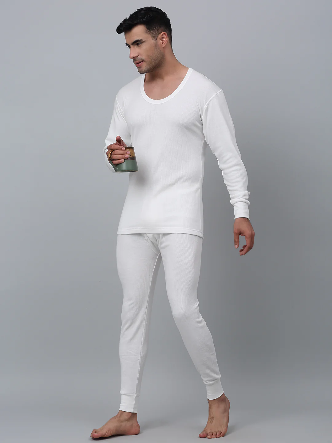 Solid Non Pleated Regular Fit Mid Rise Off White Thermal Bottom For Men - Image 6