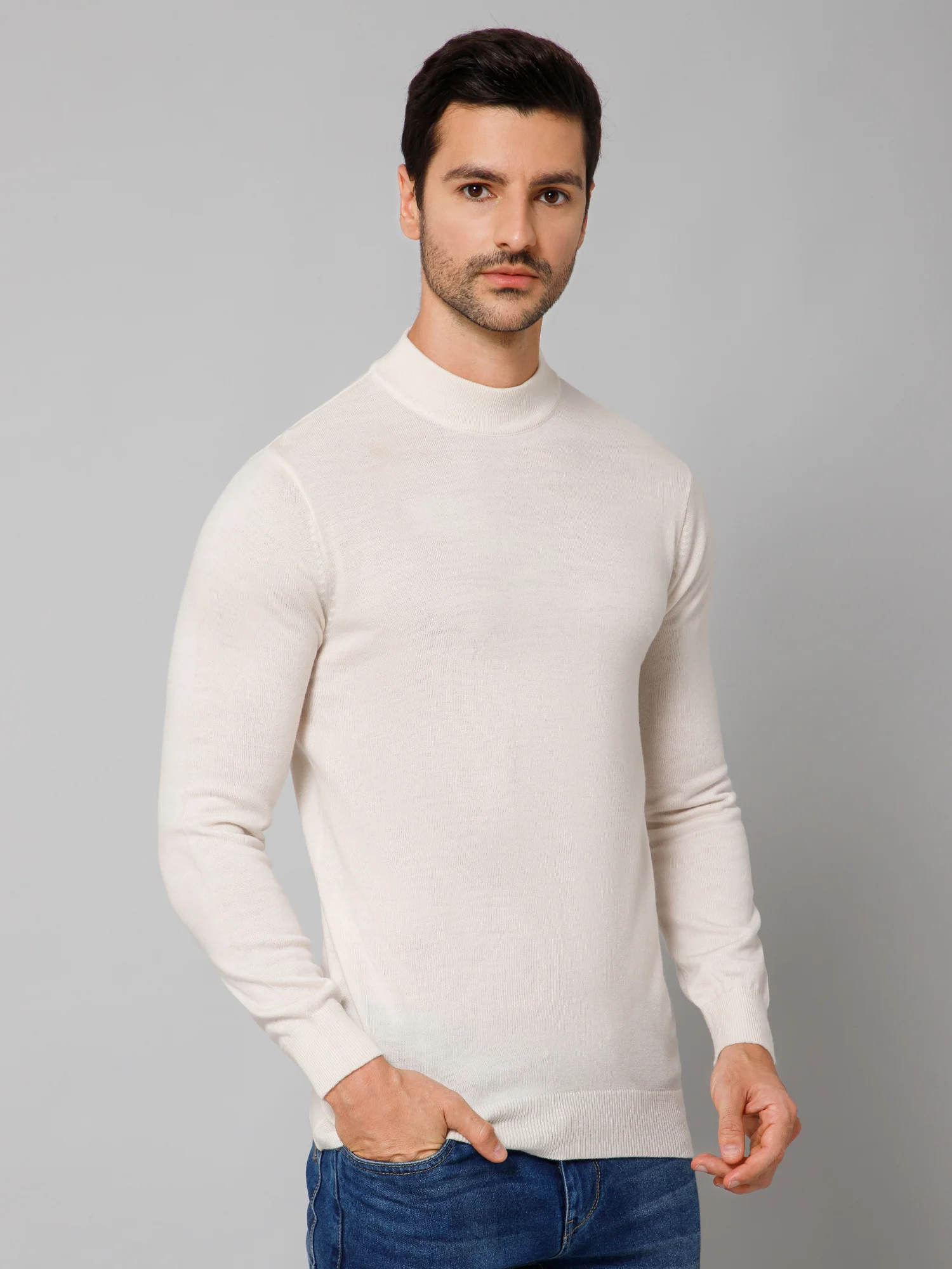 Solid Off White Full Sleeves Round Neck Regular Fit Casual Sweater for Men - Image 3