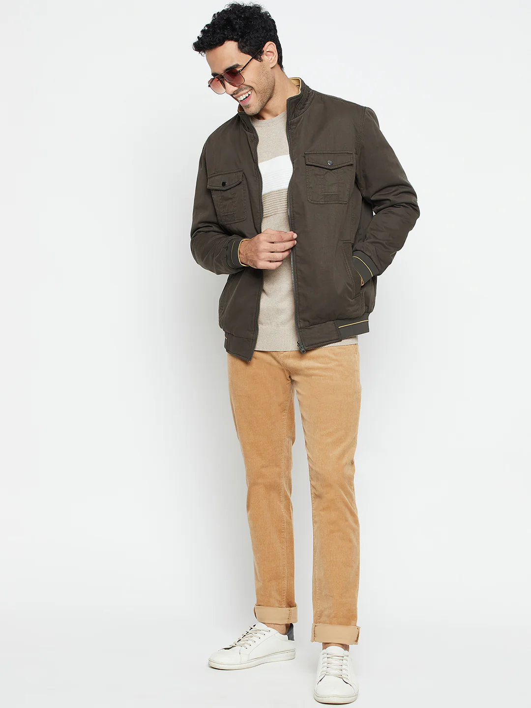 Solid Olive and Khaki Full Sleeves Mock Collar Regular Fit Reversible Casual Jacket for Men - Image 2
