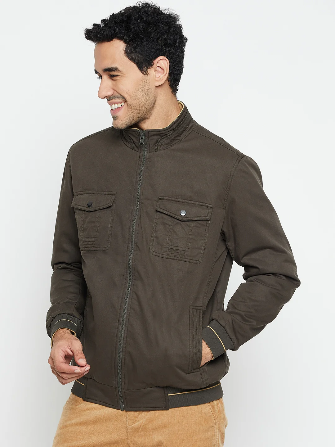 Solid Olive and Khaki Full Sleeves Mock Collar Regular Fit Reversible Casual Jacket for Men - Image 3