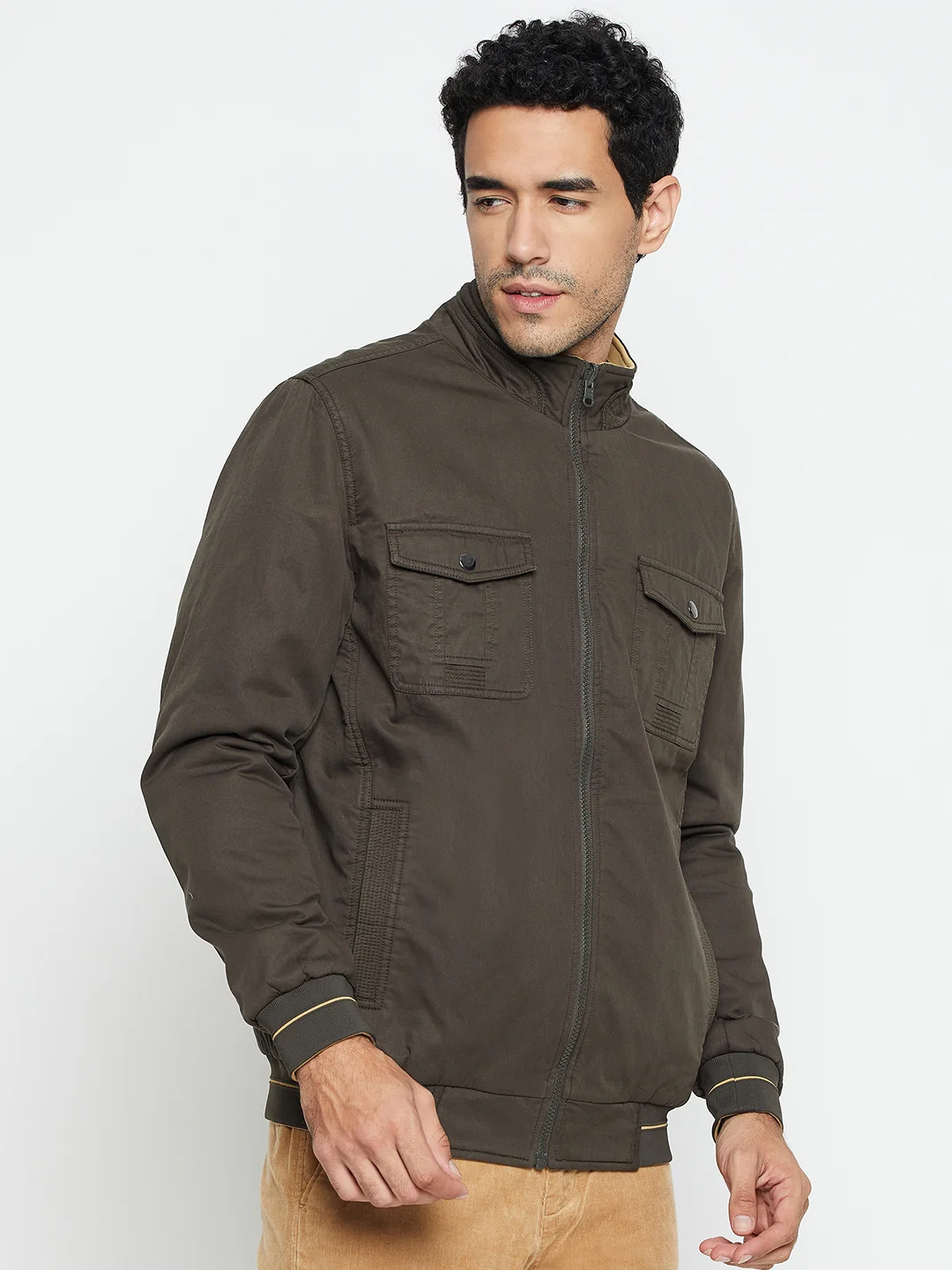 Solid Olive and Khaki Full Sleeves Mock Collar Regular Fit Reversible Casual Jacket for Men - Image 4