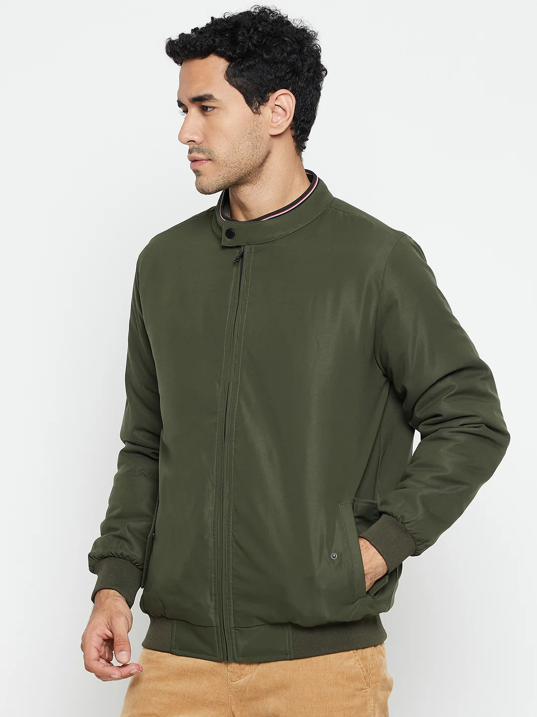 Solid Olive Full Sleeves Mock Collar Regular Fit Reversible Casual Jacket for Men - Image 3