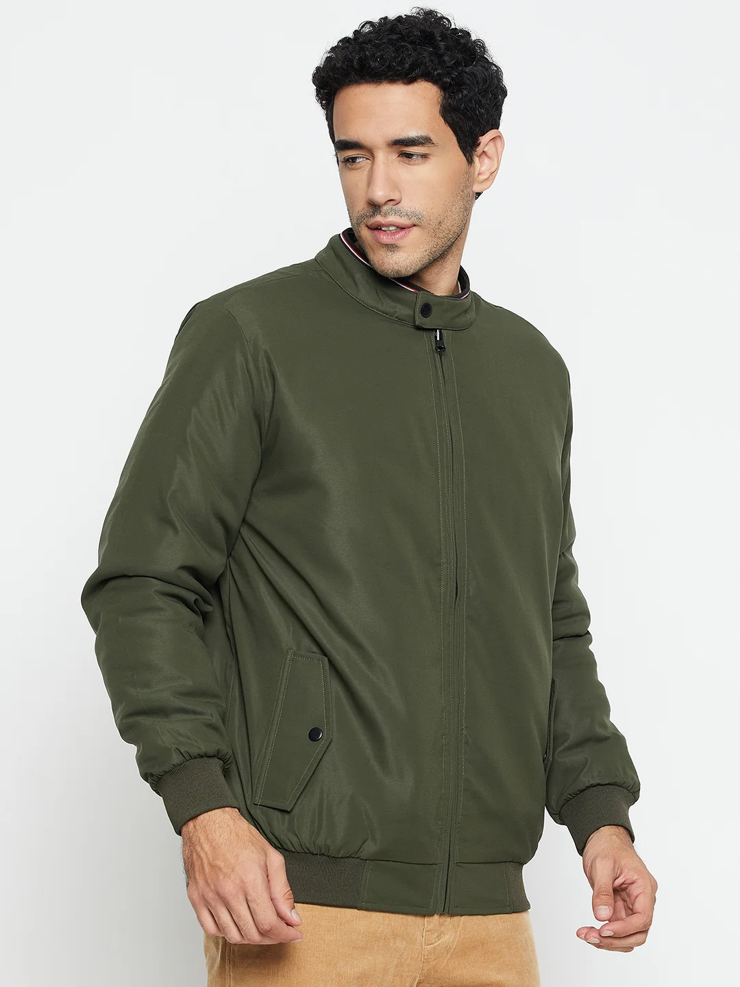 Solid Olive Full Sleeves Mock Collar Regular Fit Reversible Casual Jacket for Men - Image 4