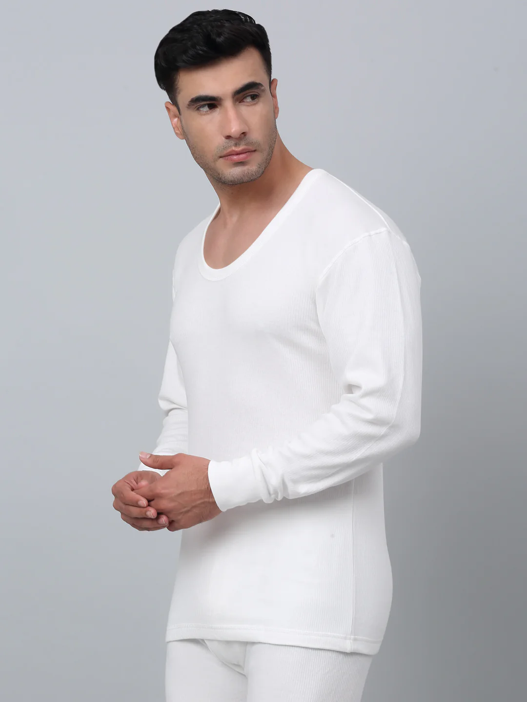 Solid Round Neck Full Sleeves Off White Thermal Top For Men - Image 2