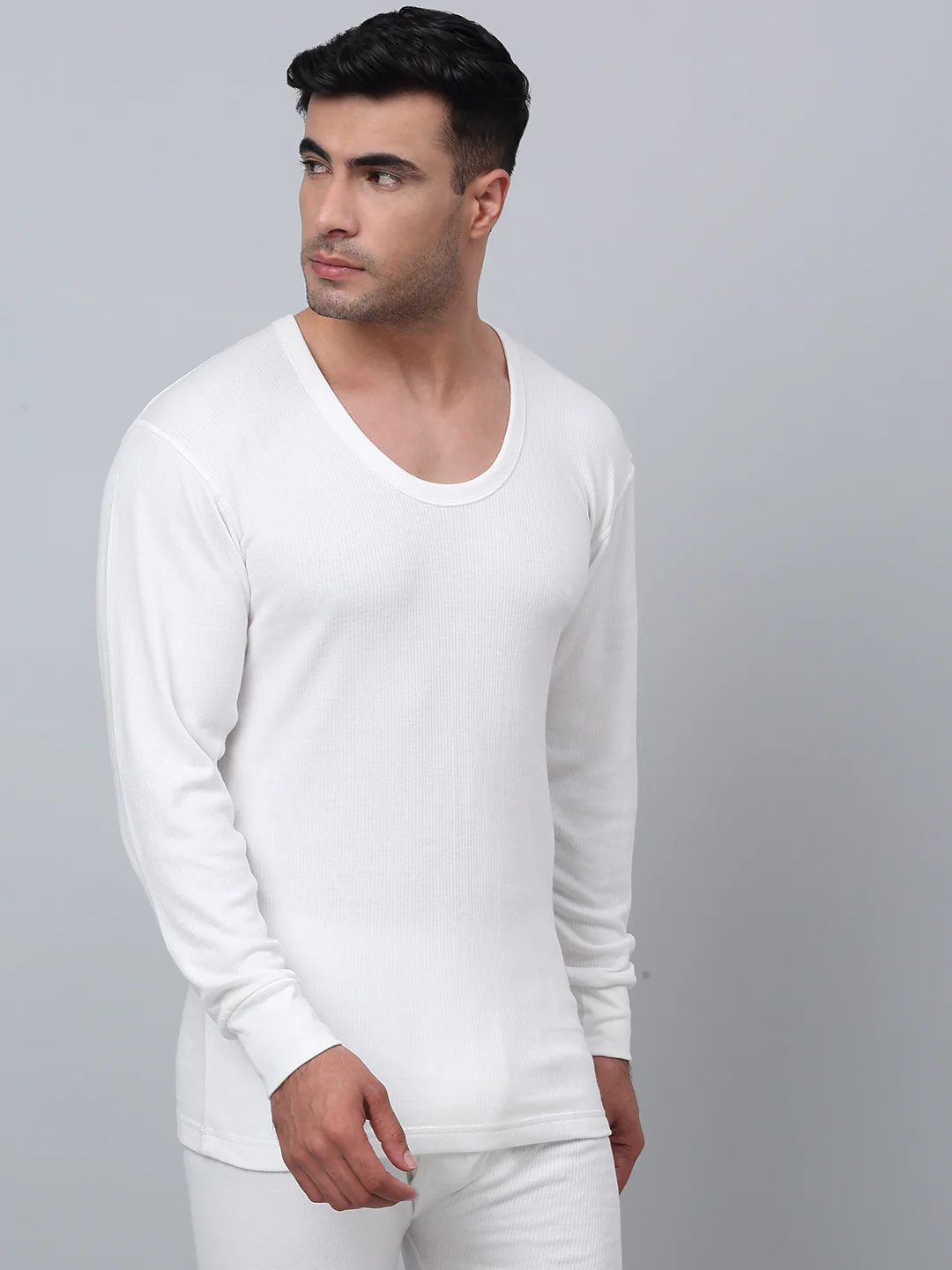 Solid Round Neck Full Sleeves Off White Thermal Top For Men - Image 3