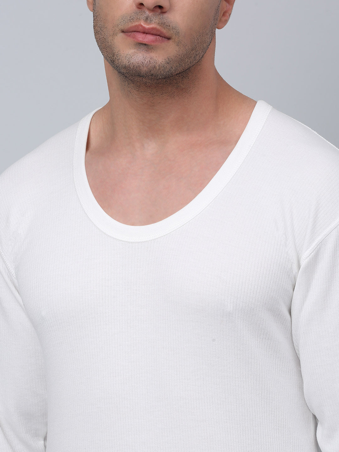 Solid Round Neck Full Sleeves Off White Thermal Top For Men - Image 4
