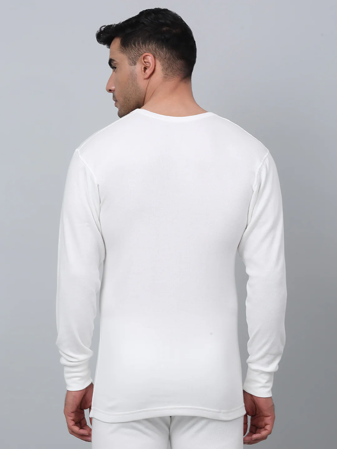 Solid Round Neck Full Sleeves Off White Thermal Top For Men - Image 5