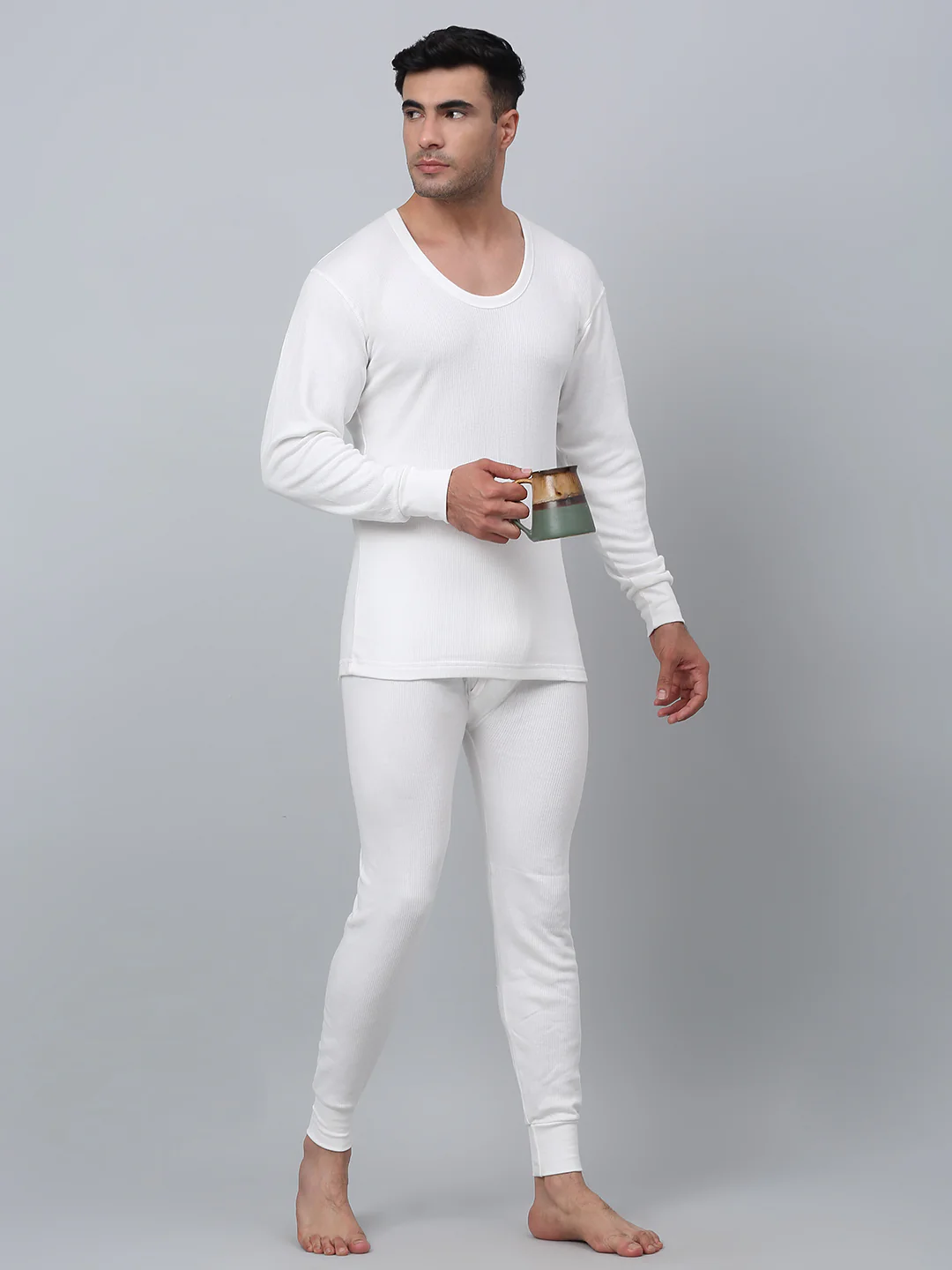 Solid Round Neck Full Sleeves Off White Thermal Top For Men - Image 6