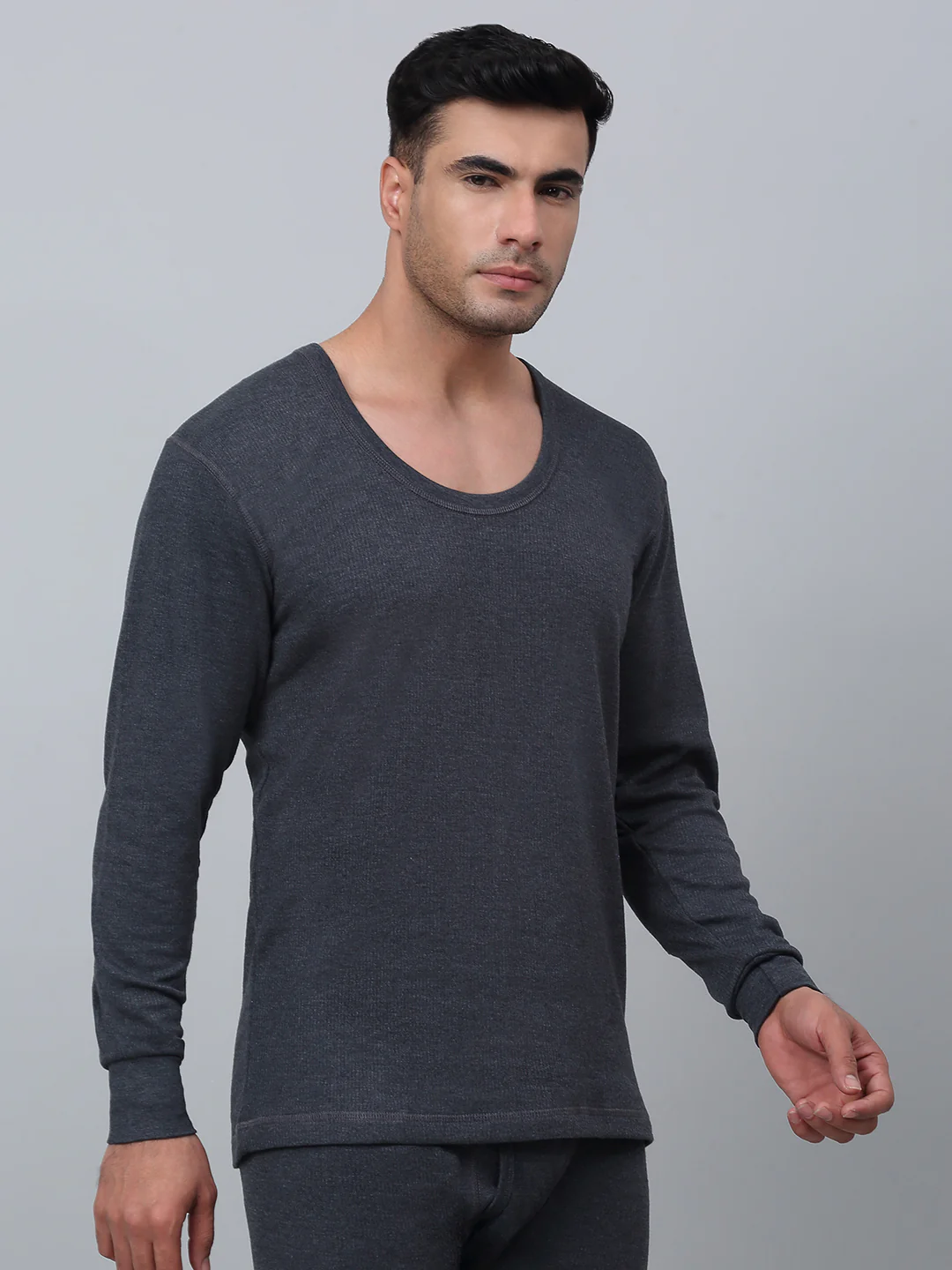 Solid Round Neck Full Sleeves Grey Thermal Top For Men - Image 3