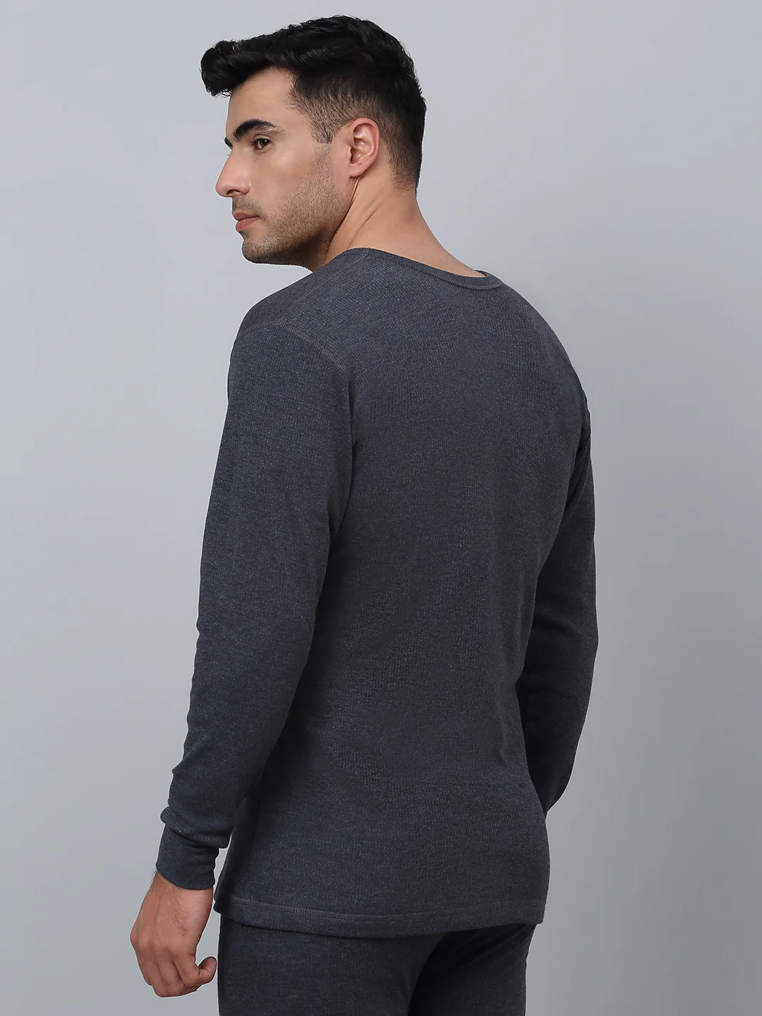 Solid Round Neck Full Sleeves Grey Thermal Top For Men - Image 5