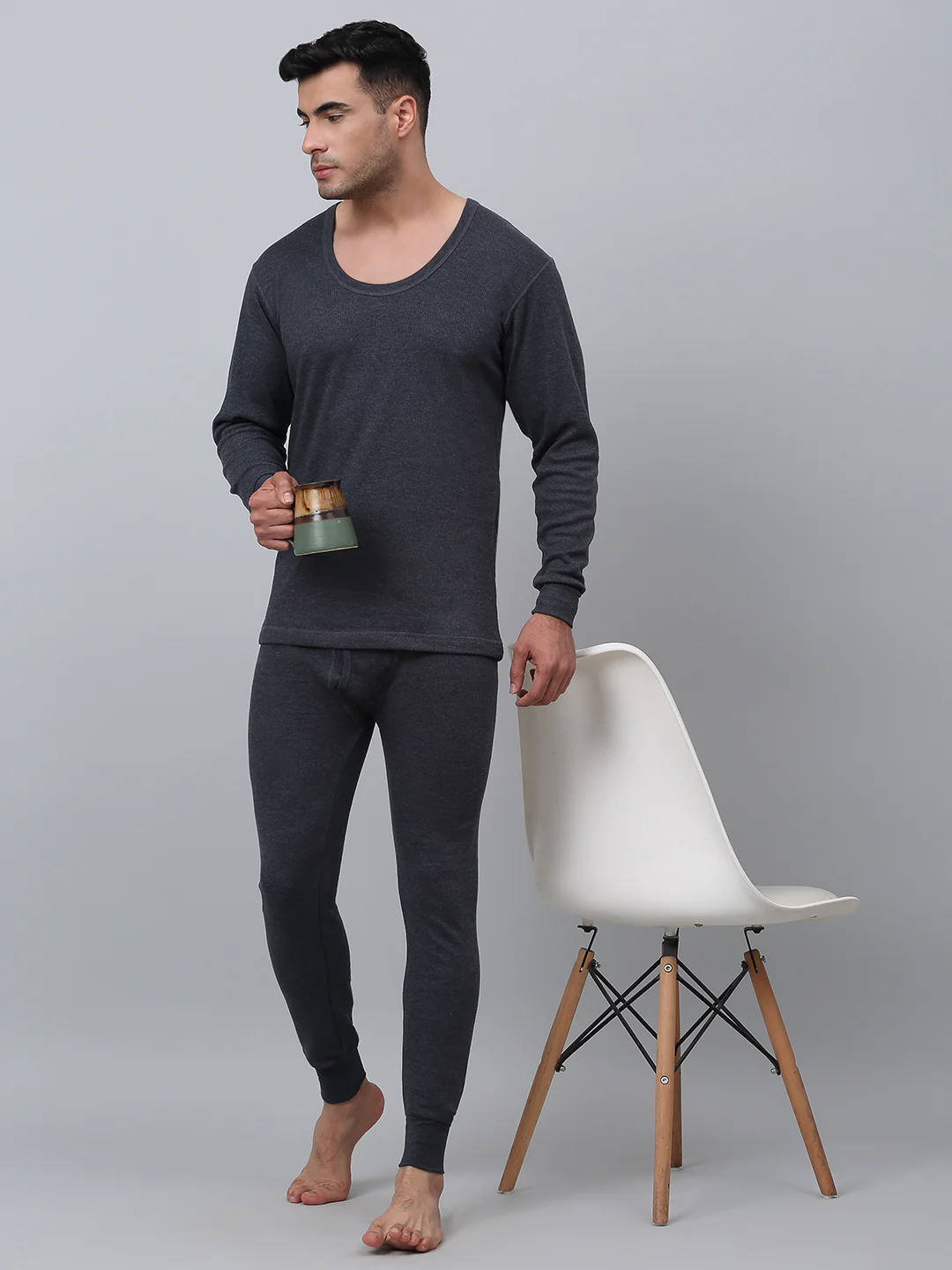 Solid Round Neck Full Sleeves Grey Thermal Top For Men - Image 6