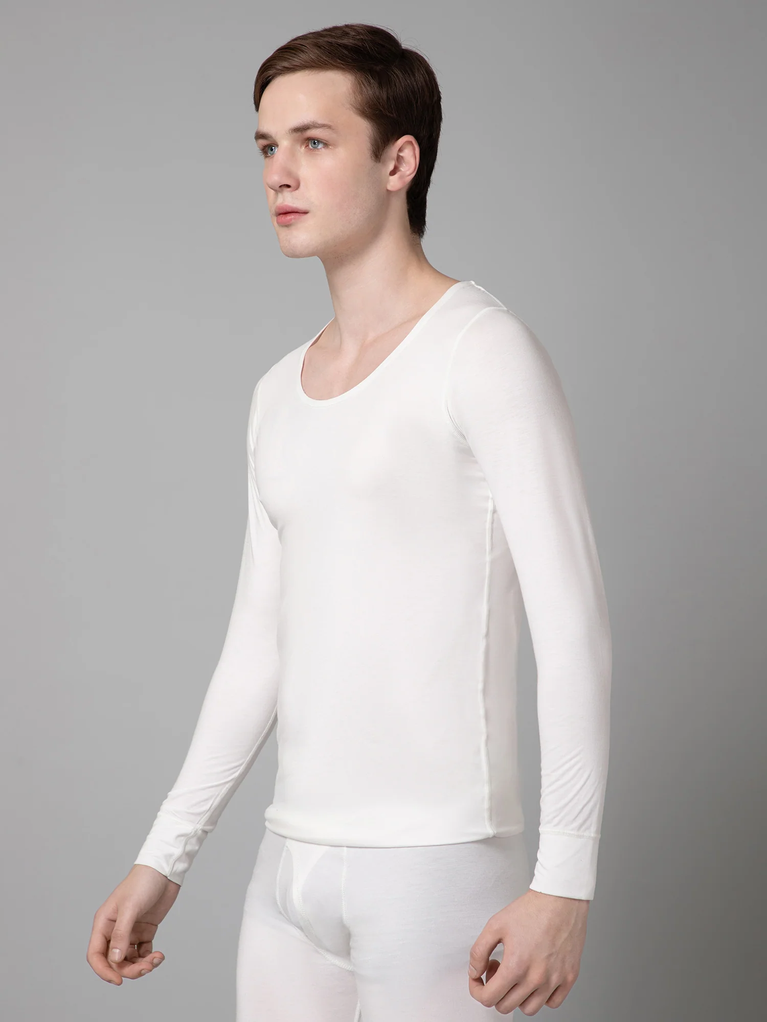 Solid Round Neck Full Sleeves Off White Thermal Top For Men - Image 2