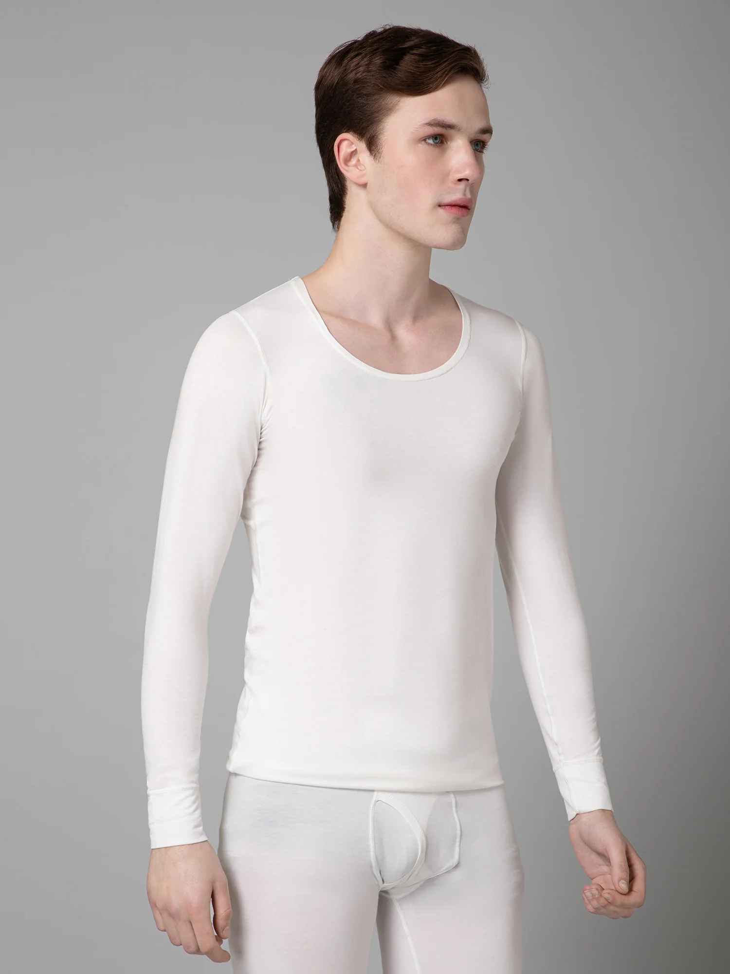 Solid Round Neck Full Sleeves Off White Thermal Top For Men - Image 3