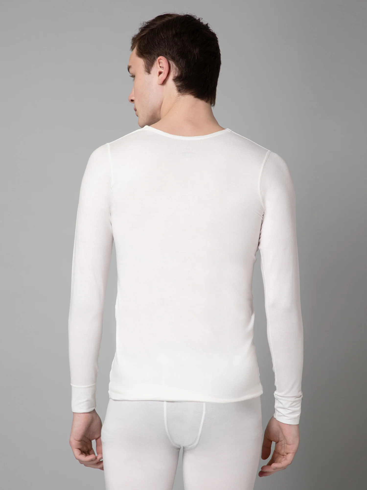 Solid Round Neck Full Sleeves Off White Thermal Top For Men - Image 4