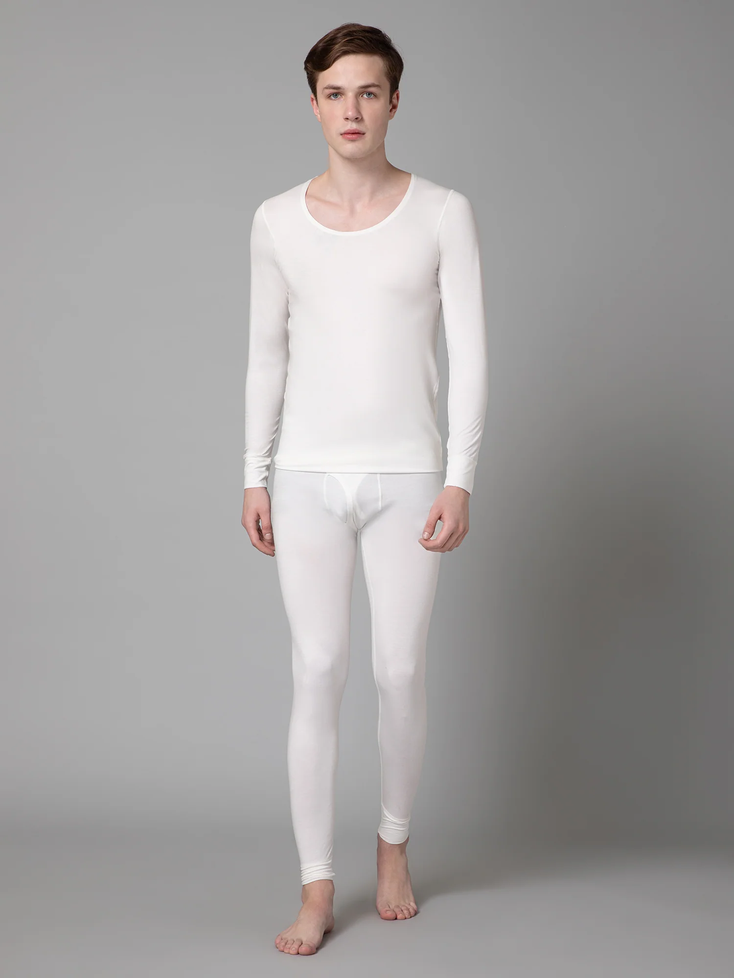 Solid Round Neck Full Sleeves Off White Thermal Top For Men - Image 5