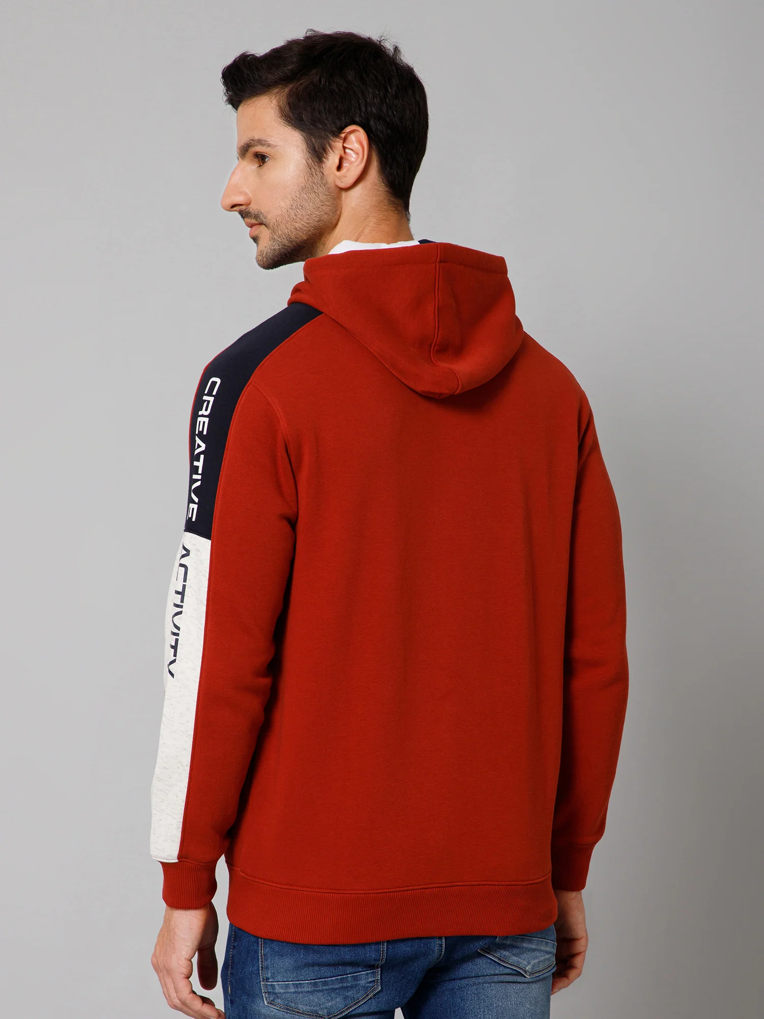 Solid Rust Full Sleeves Hooded Neck Regular Fit Casual Sweatshirt for Men - Image 4