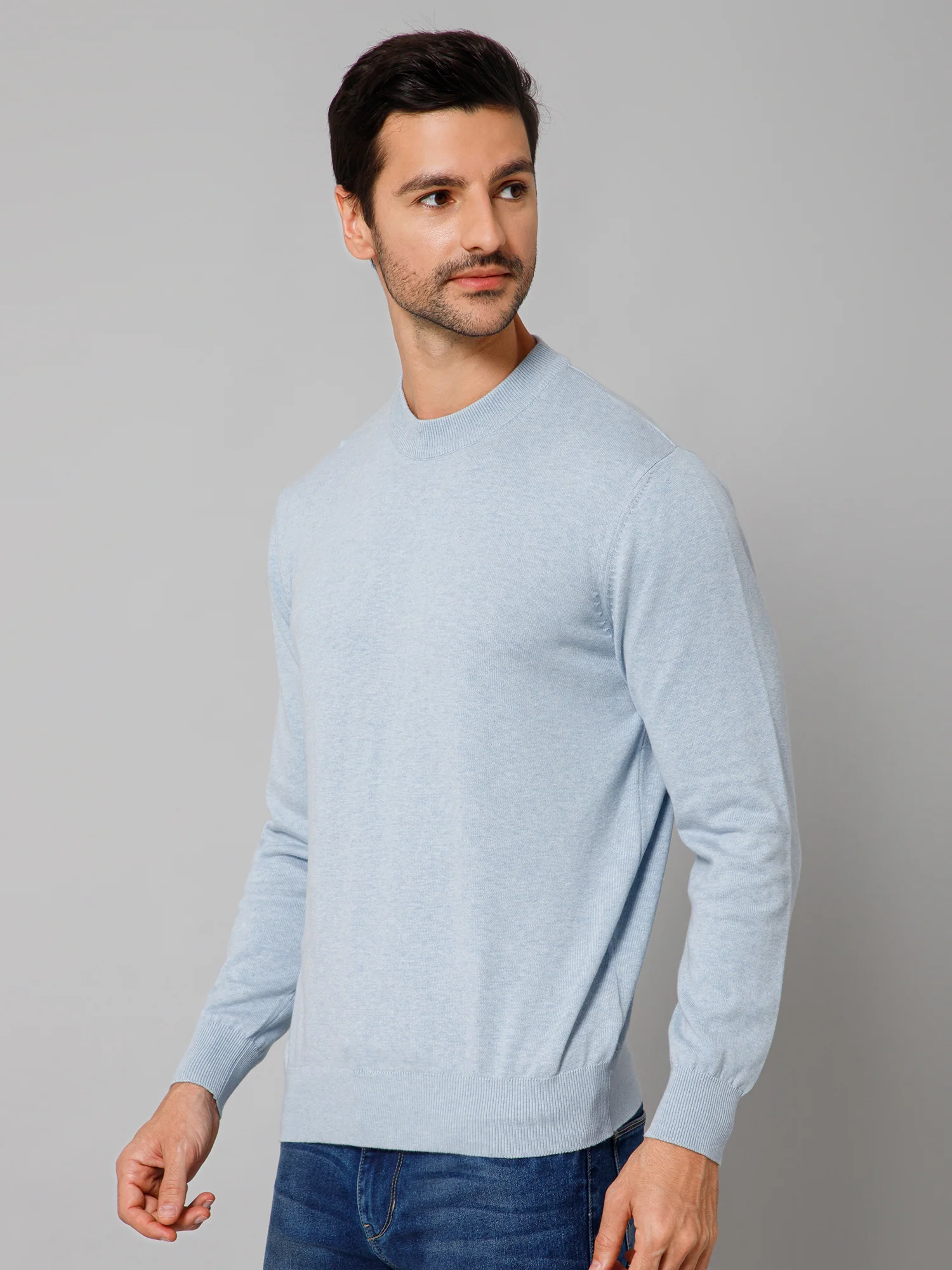 Solid Sky Blue Full Sleeves Round Neck Regular Fit Casual Sweater for Men - Image 2