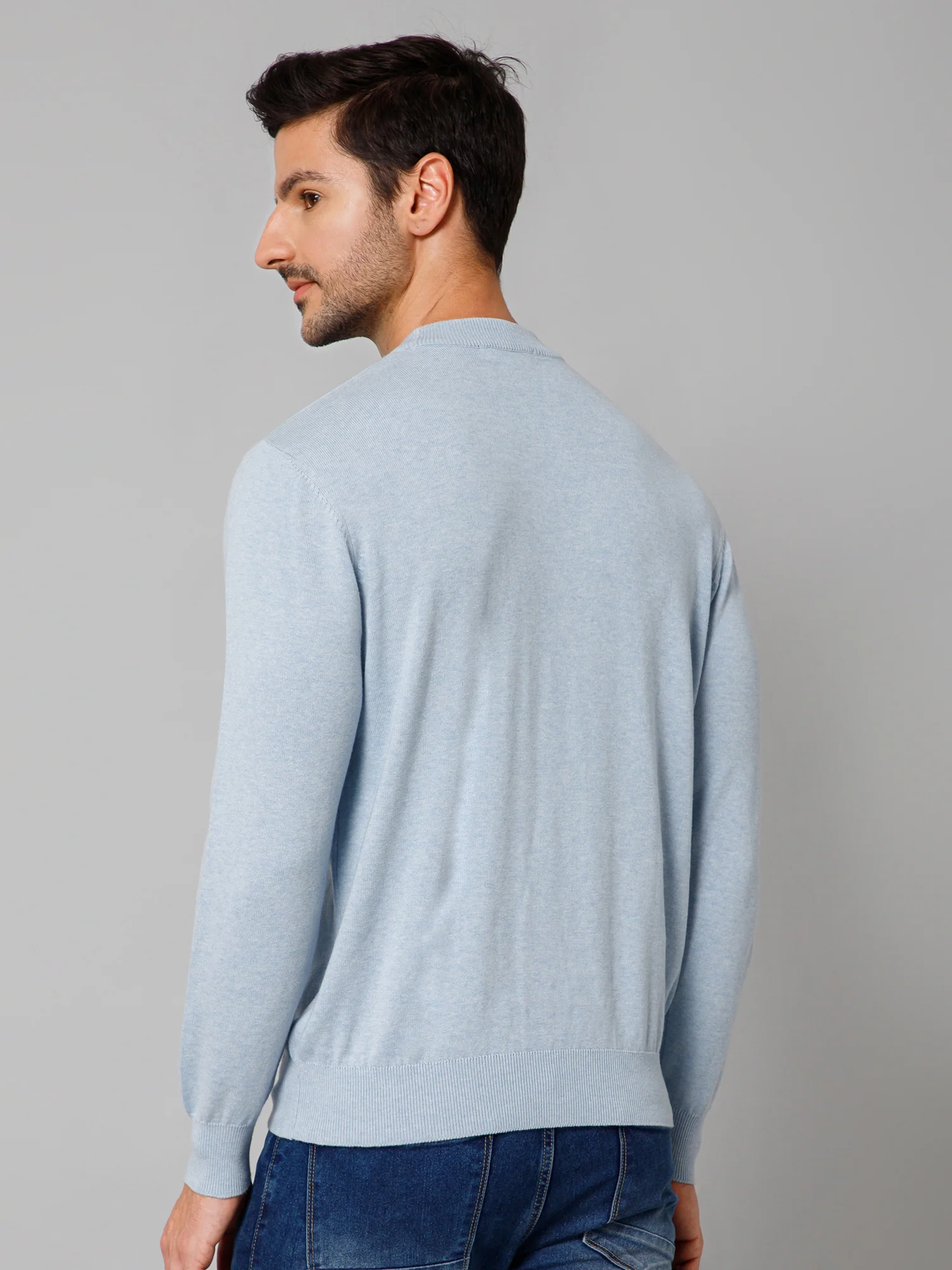 Solid Sky Blue Full Sleeves Round Neck Regular Fit Casual Sweater for Men - Image 4