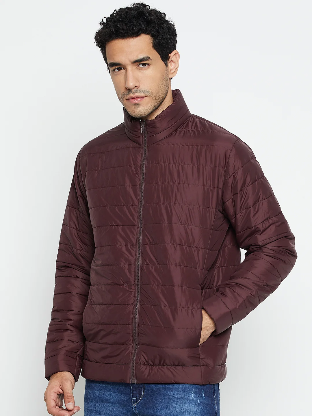 Solid Wine Full Sleeves Mock Collar Regular Fit Casual Jacket for Men - Image 3