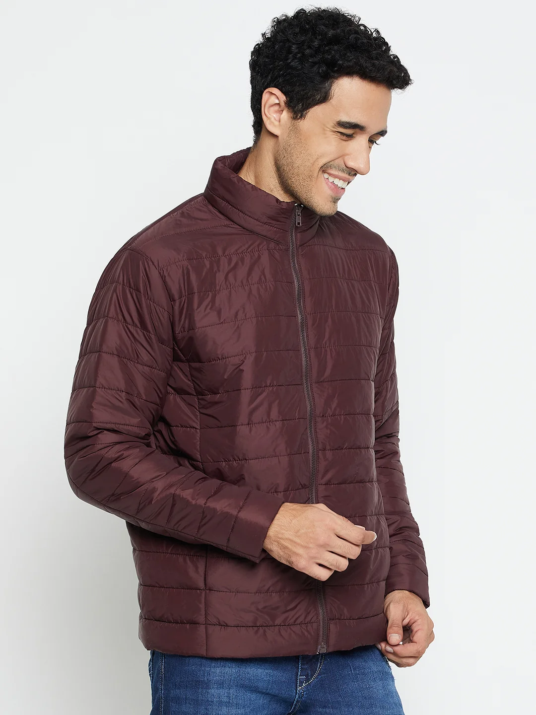 Solid Wine Full Sleeves Mock Collar Regular Fit Casual Jacket for Men - Image 4