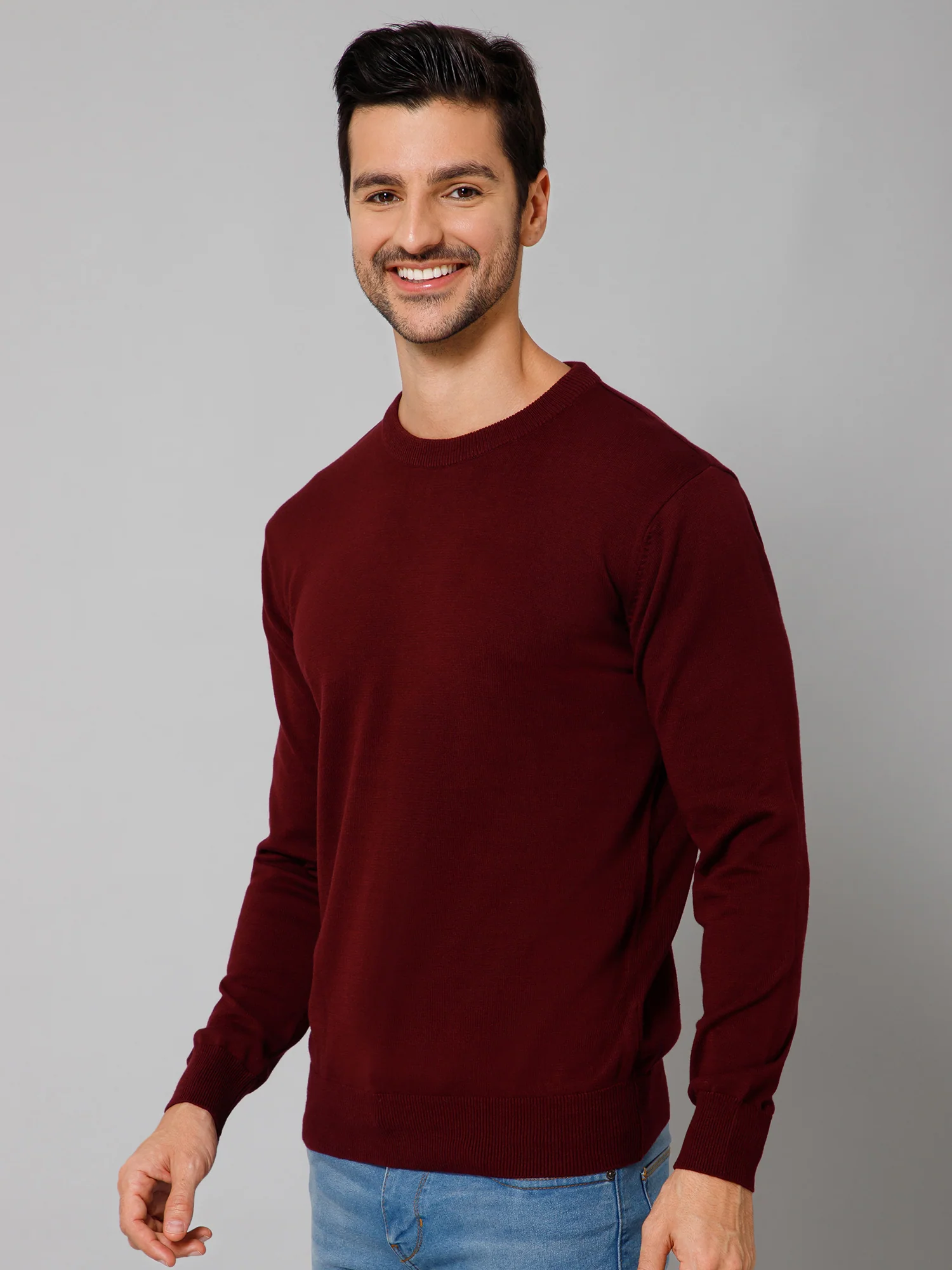 Solid Wine Full Sleeves Round Neck Regular Fit Casual Sweater for Men - Image 2