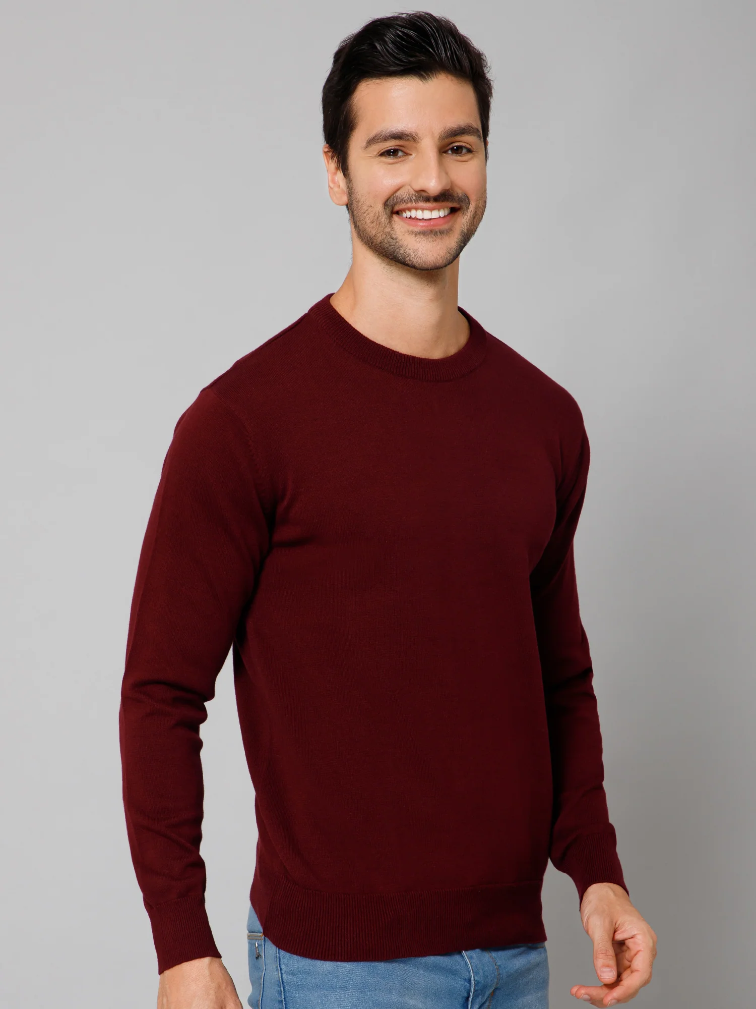 Solid Wine Full Sleeves Round Neck Regular Fit Casual Sweater for Men - Image 3