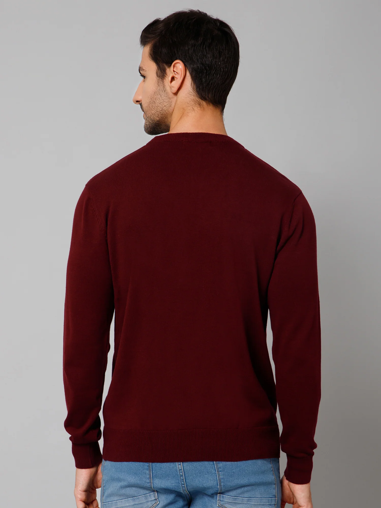Solid Wine Full Sleeves Round Neck Regular Fit Casual Sweater for Men - Image 4