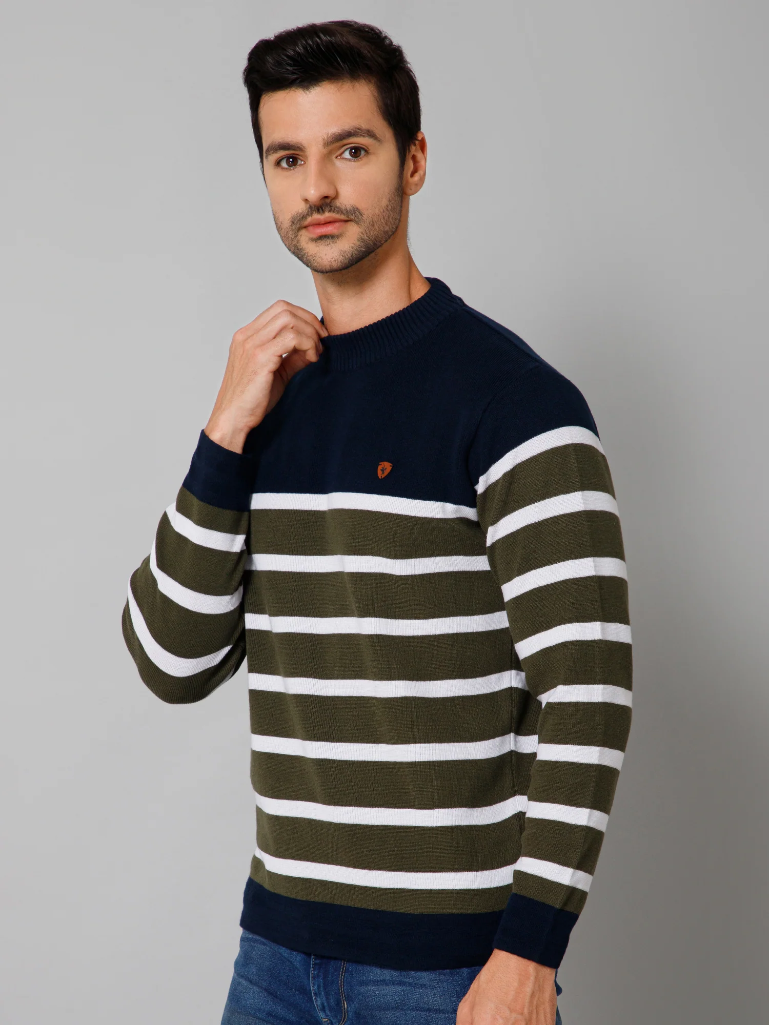 Stripe Green Full Sleeves Round Neck Regular Fit Casual Sweater for Men - Image 2