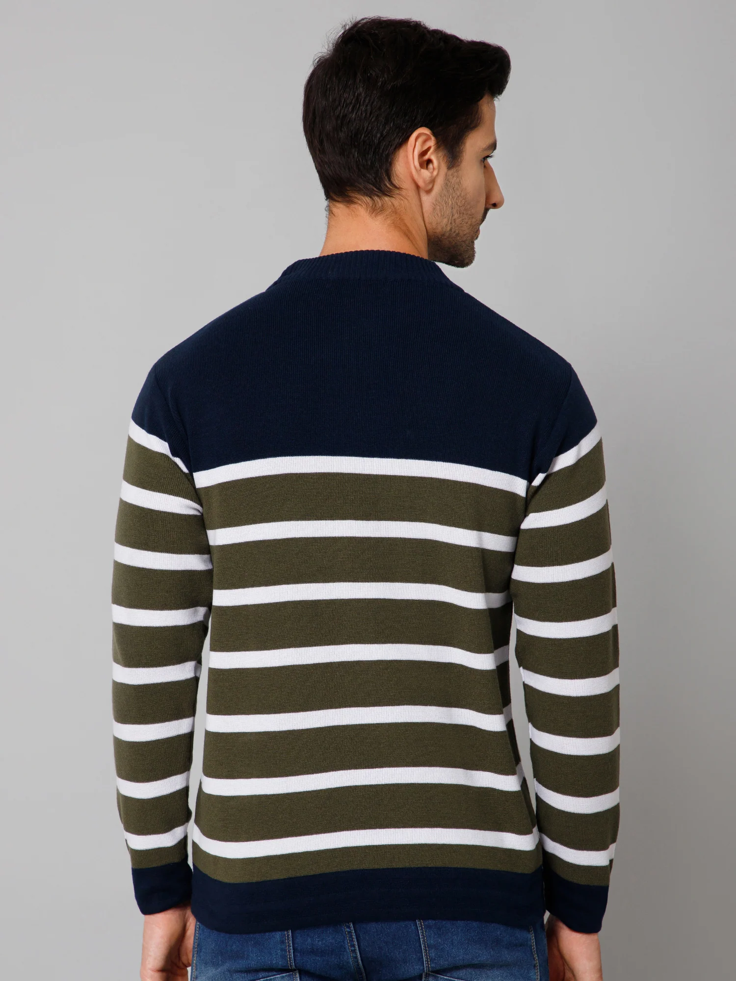 Stripe Green Full Sleeves Round Neck Regular Fit Casual Sweater for Men - Image 4