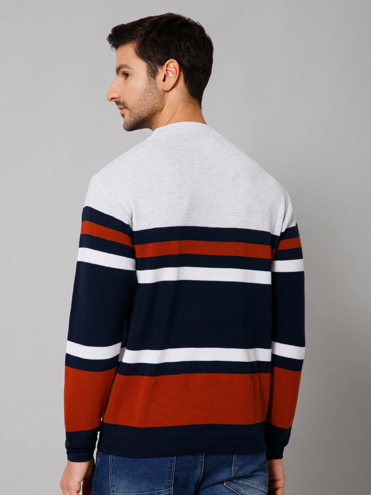 Stripe Rust Full Sleeves Round Neck Regular Fit Casual Sweater for Men - Image 3