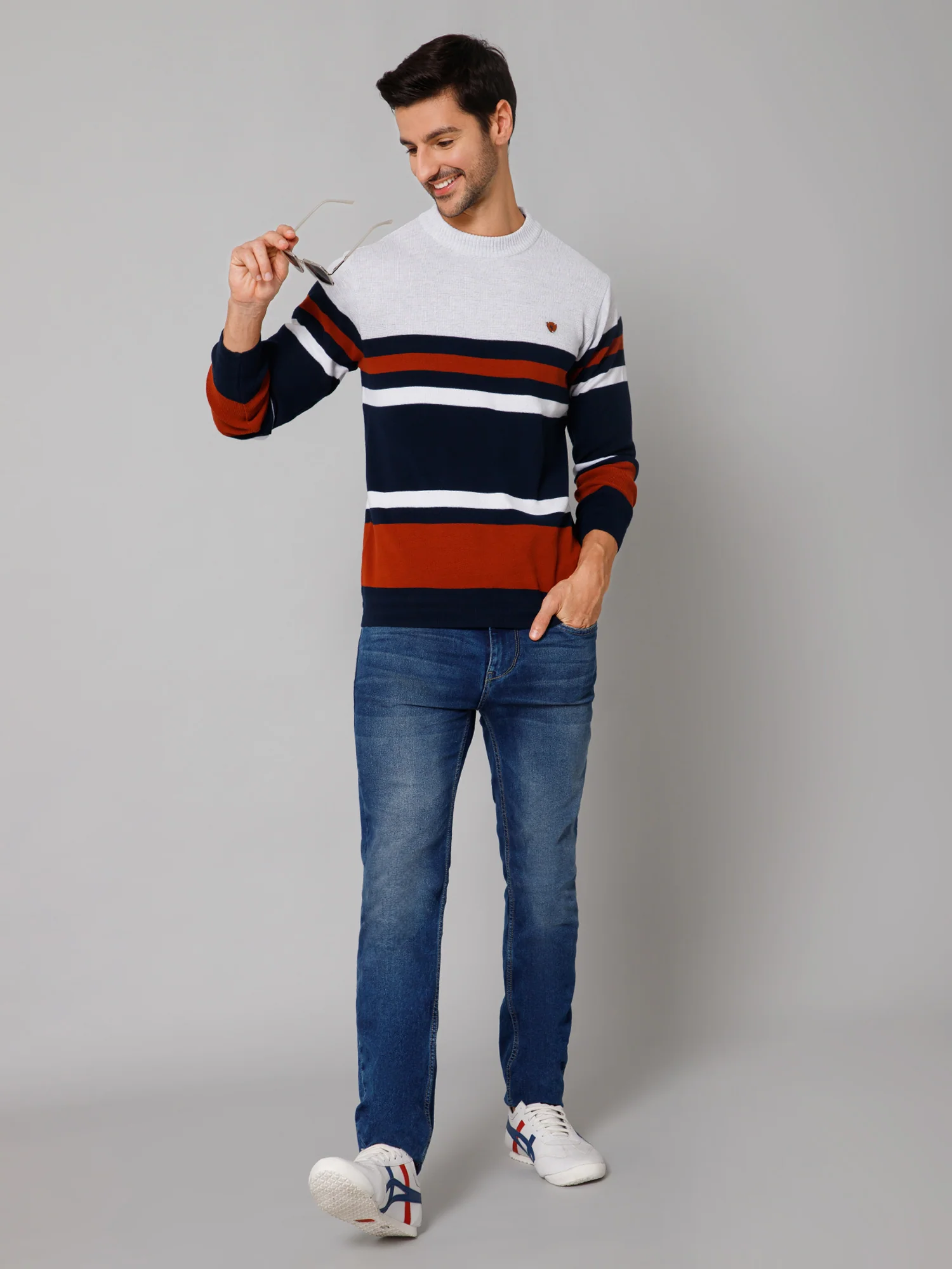 Stripe Rust Full Sleeves Round Neck Regular Fit Casual Sweater for Men - Image 4