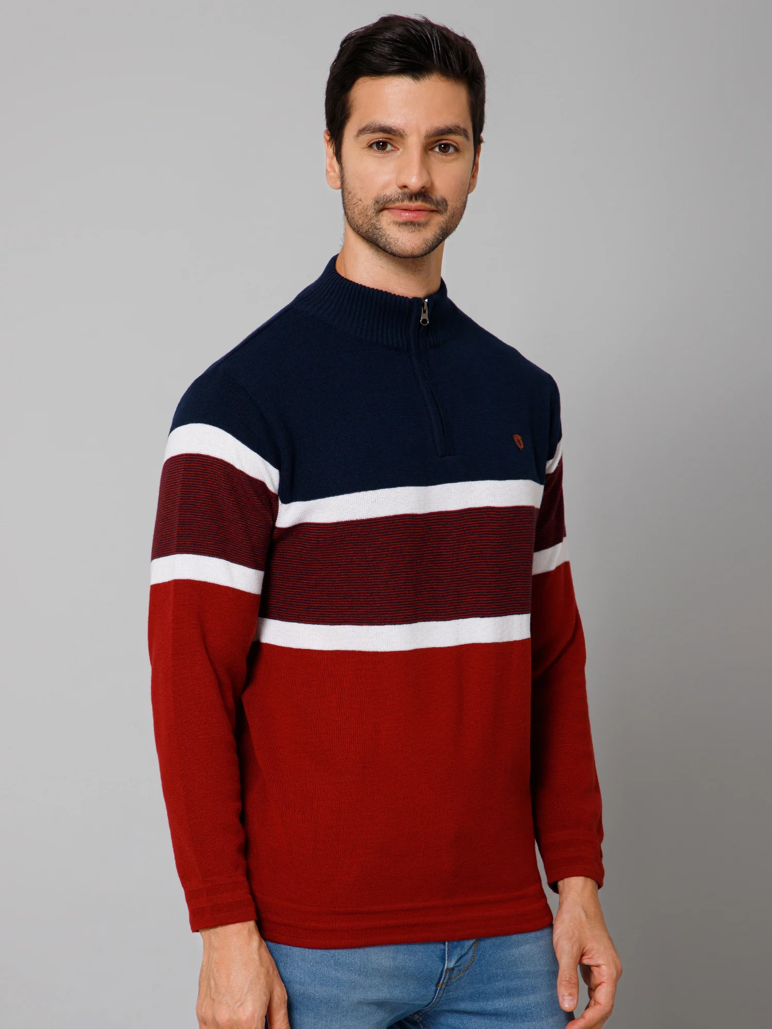 Stripe Red Full Sleeves Band Collar Regular Fit Casual Sweater for Men - Image 3