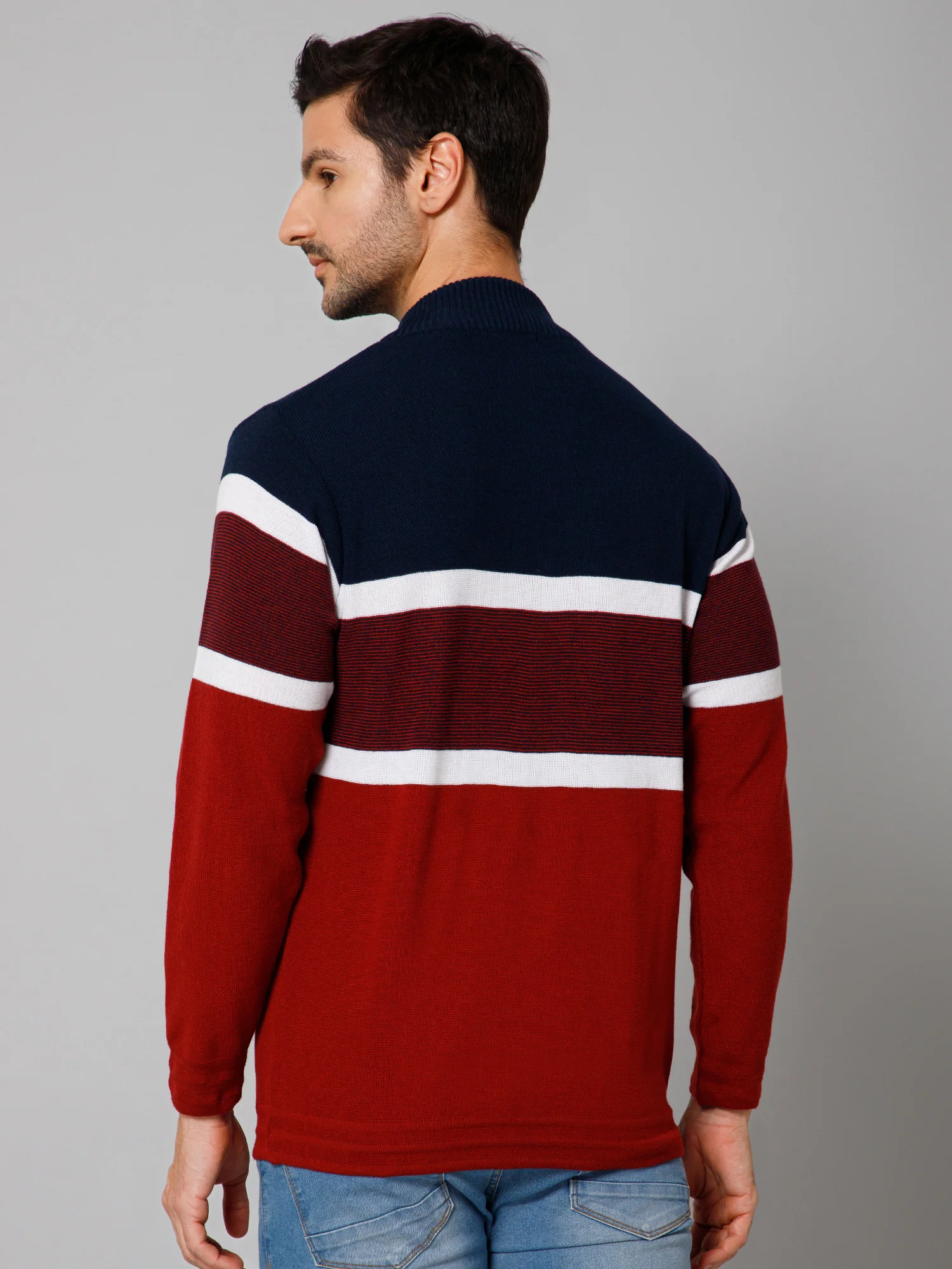 Stripe Red Full Sleeves Band Collar Regular Fit Casual Sweater for Men - Image 4