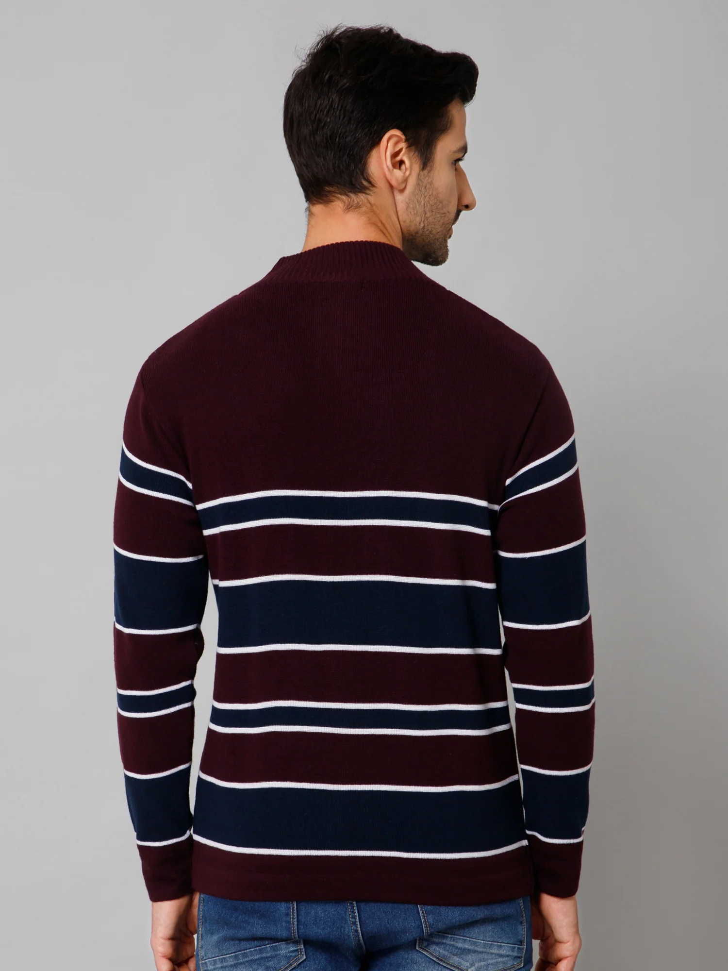 Stripe Wine Full Sleeves Band Collar Regular Fit Casual Sweater for Men - Image 4