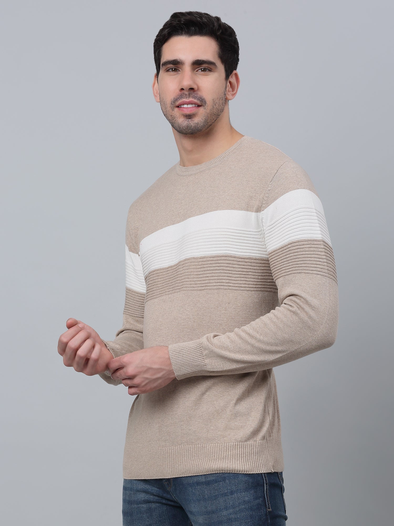 Striped Beige Full Sleeves Round Neck Regular Fit Casual Light Winter Sweater for Men - Image 2