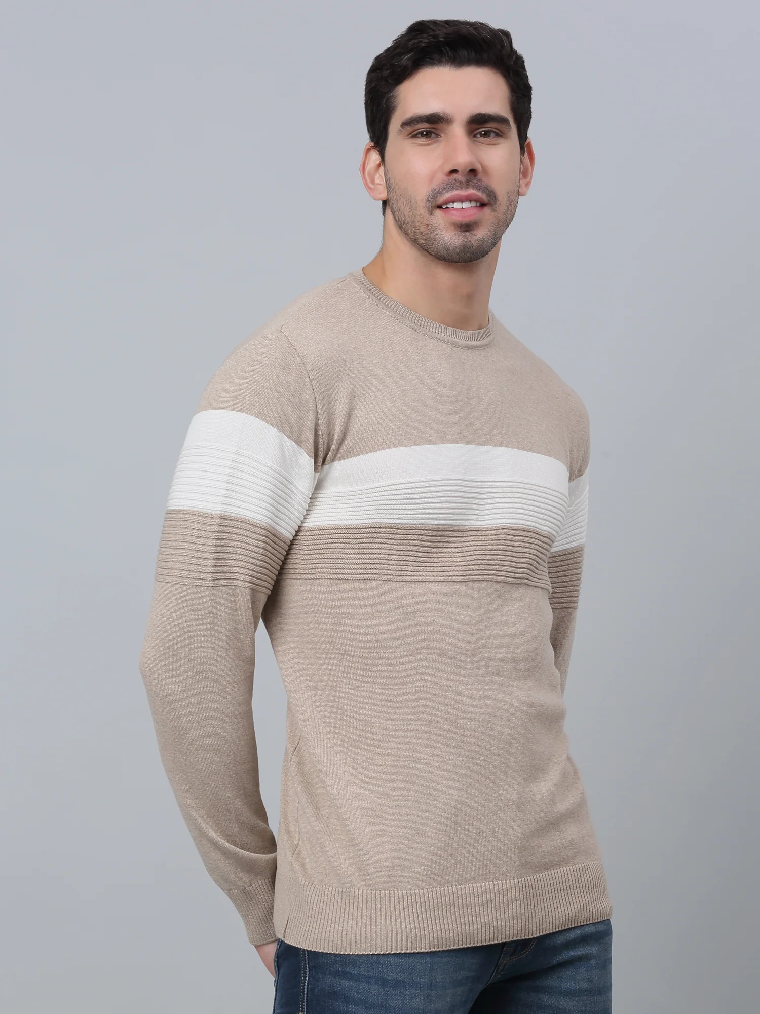 Striped Beige Full Sleeves Round Neck Regular Fit Casual Light Winter Sweater for Men - Image 3