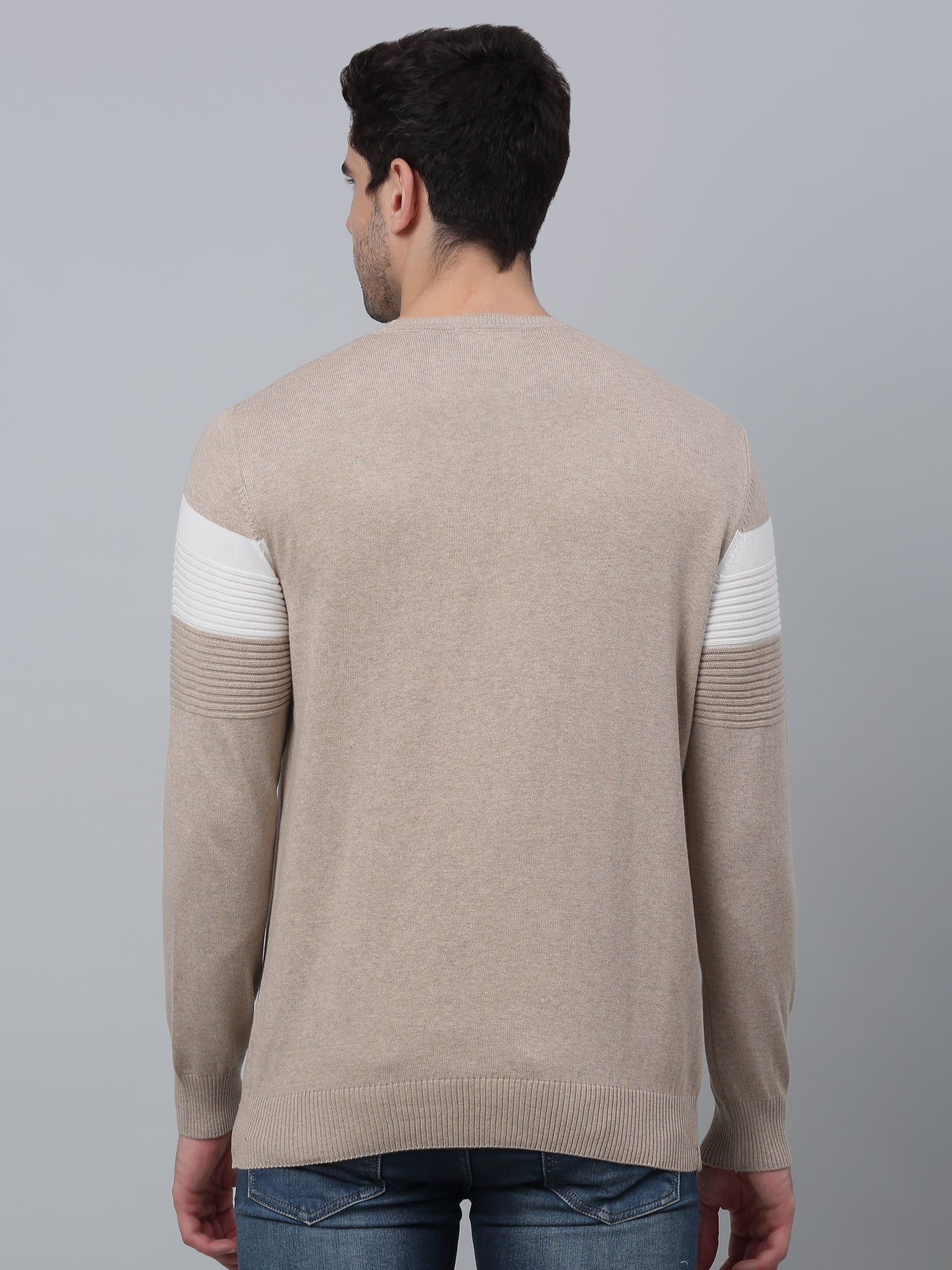 Striped Beige Full Sleeves Round Neck Regular Fit Casual Light Winter Sweater for Men - Image 4