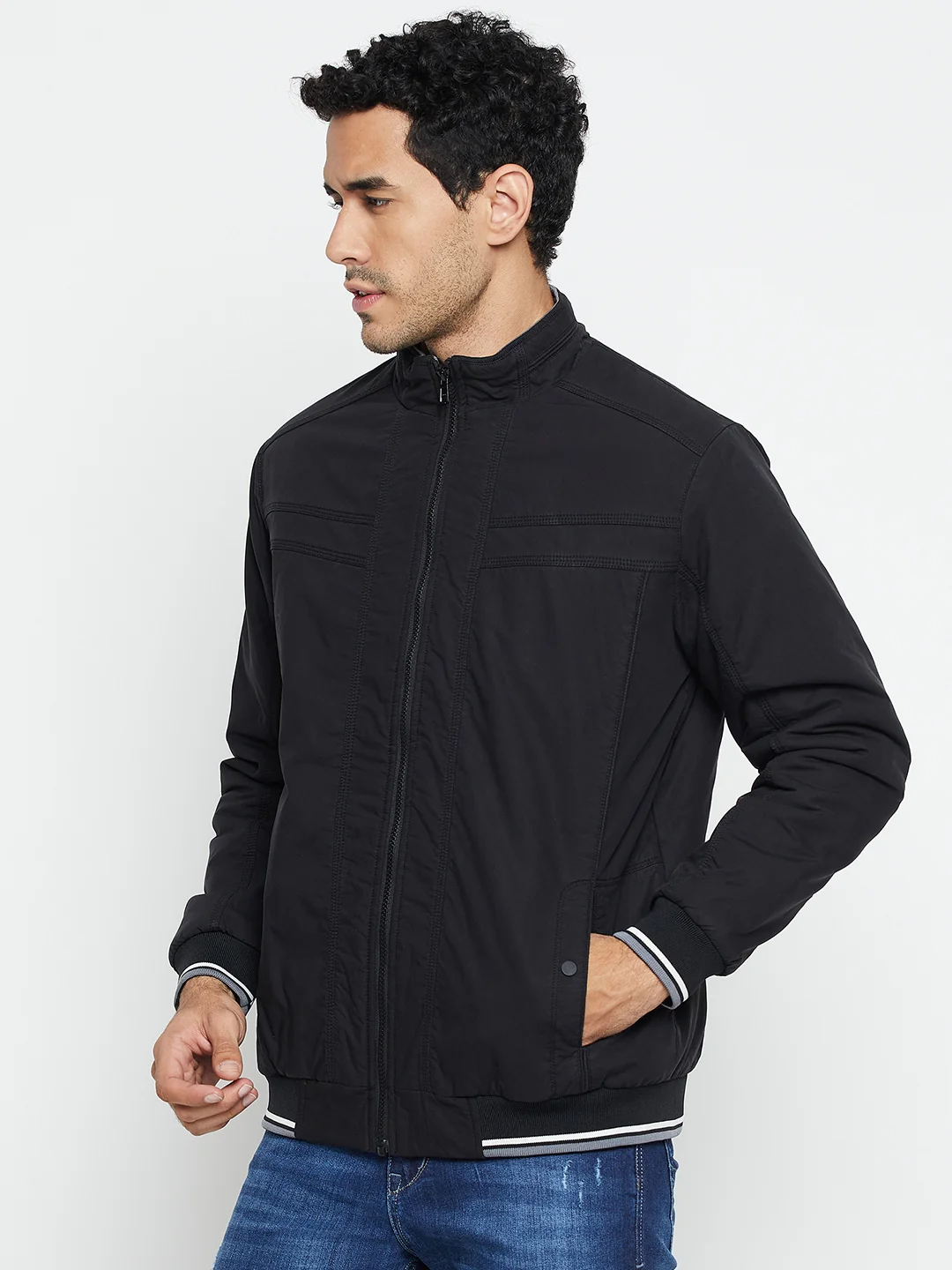 Solid Black Full Sleeves Mock Collar Regular Fit Casual Jacket for Men - Image 3