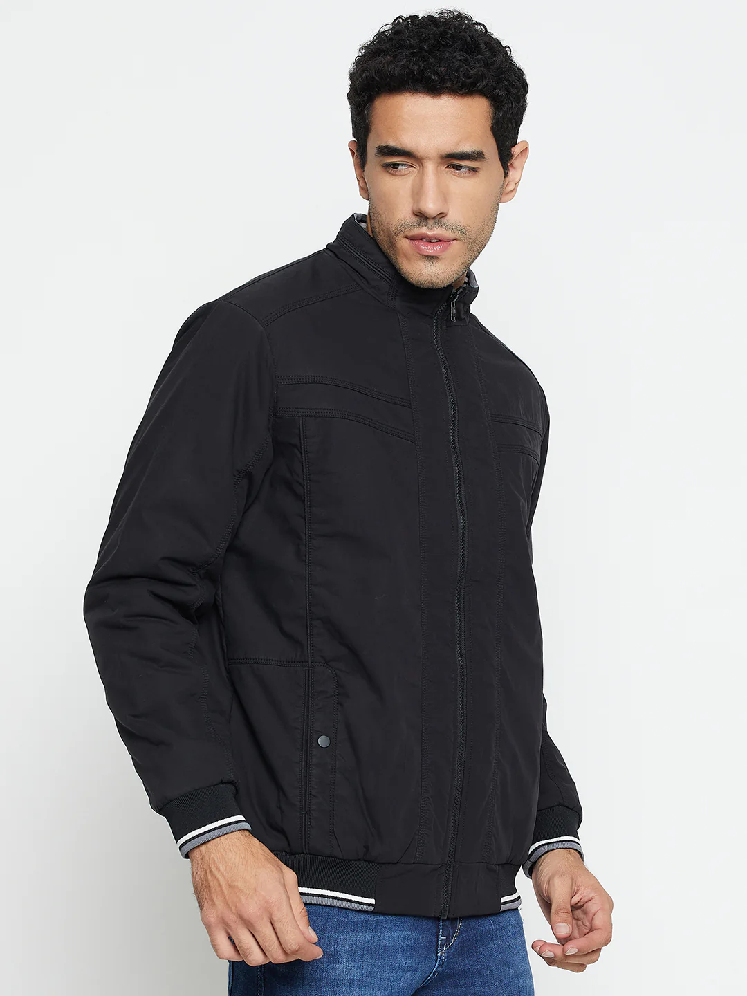 Solid Black Full Sleeves Mock Collar Regular Fit Casual Jacket for Men - Image 4