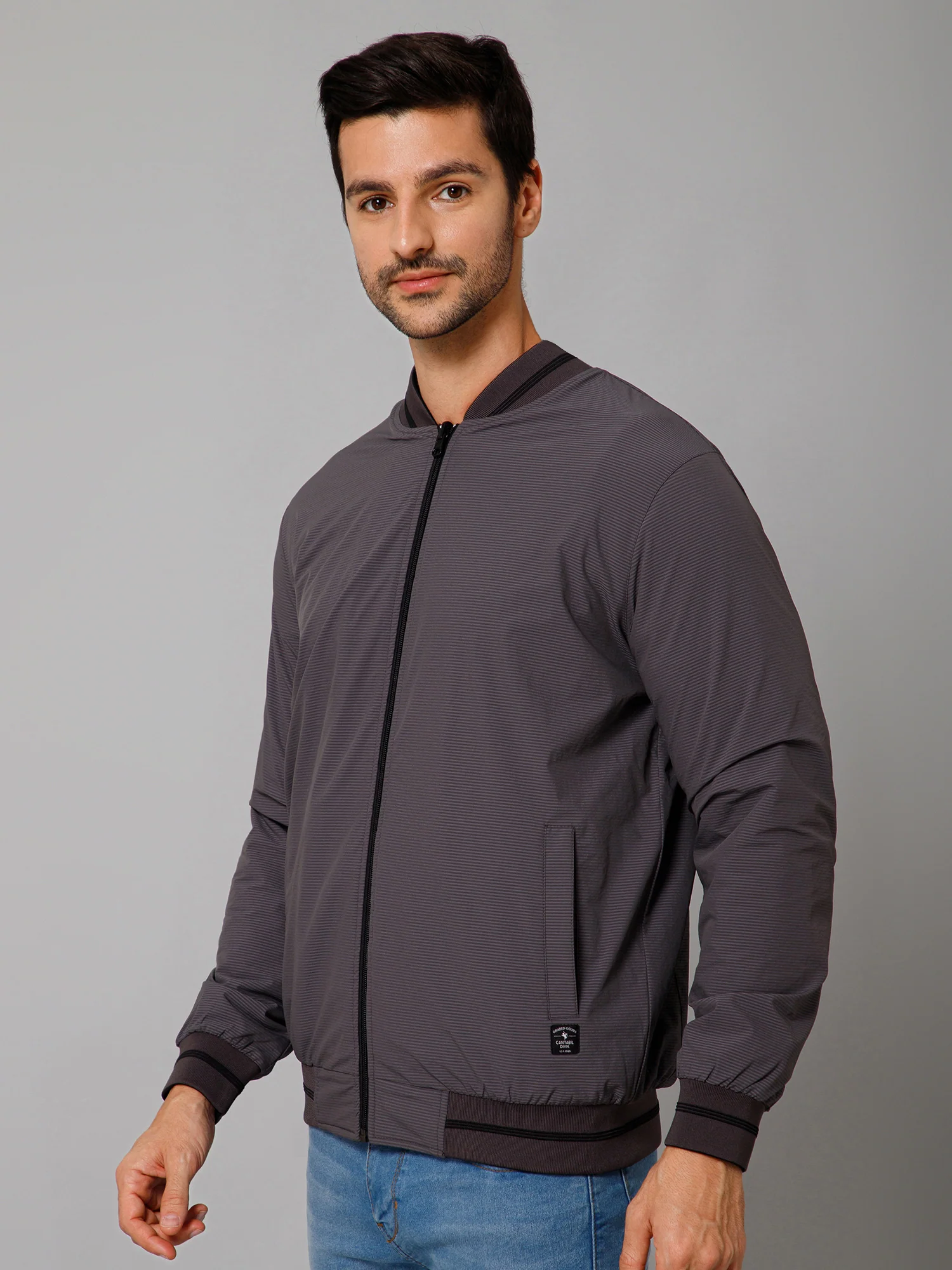 Striped Grey and Black Full Sleeves Mock Collar Regular Fit Reversible Casual Jacket For Men - Image 3