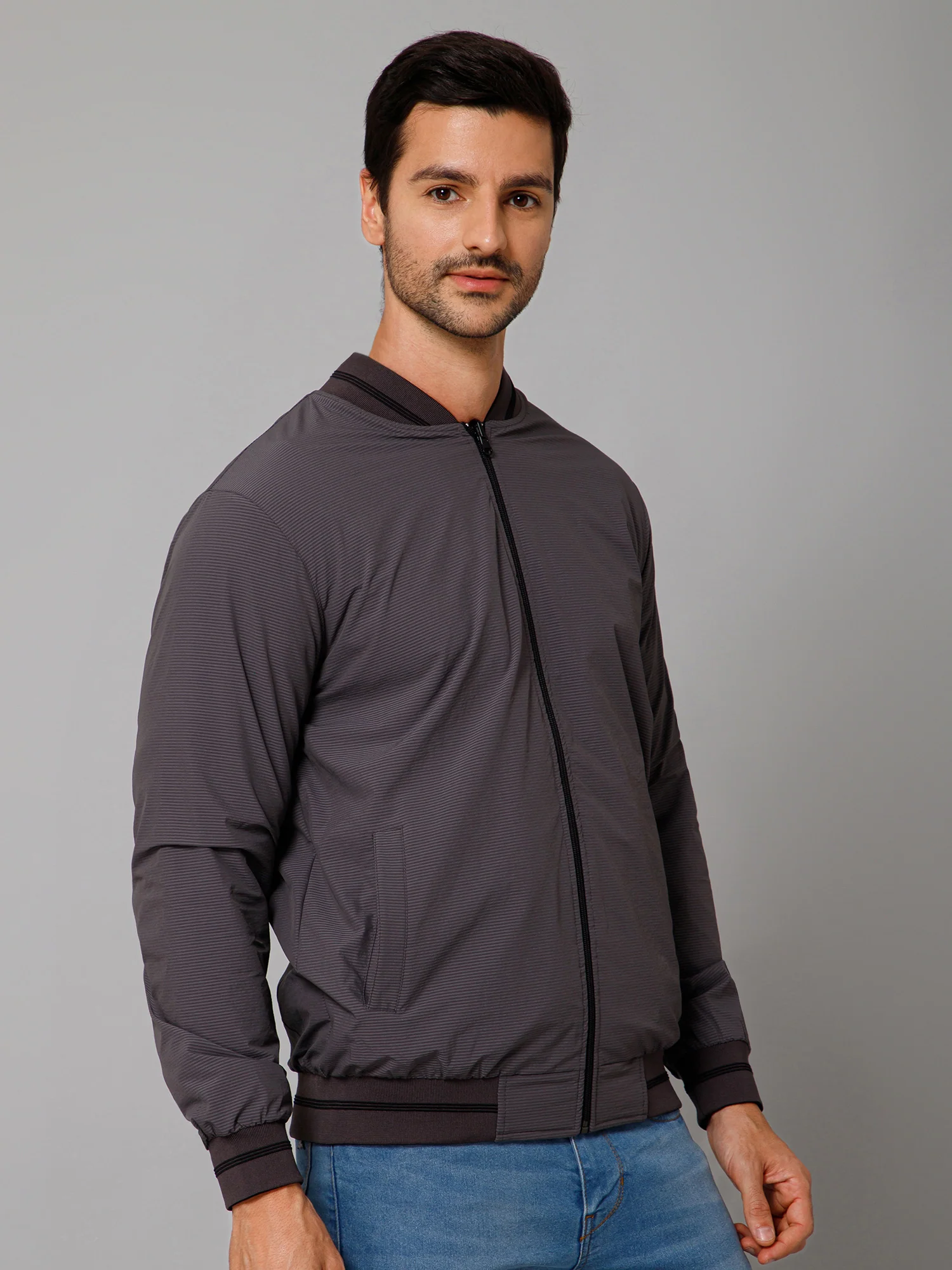 Striped Grey and Black Full Sleeves Mock Collar Regular Fit Reversible Casual Jacket For Men - Image 4