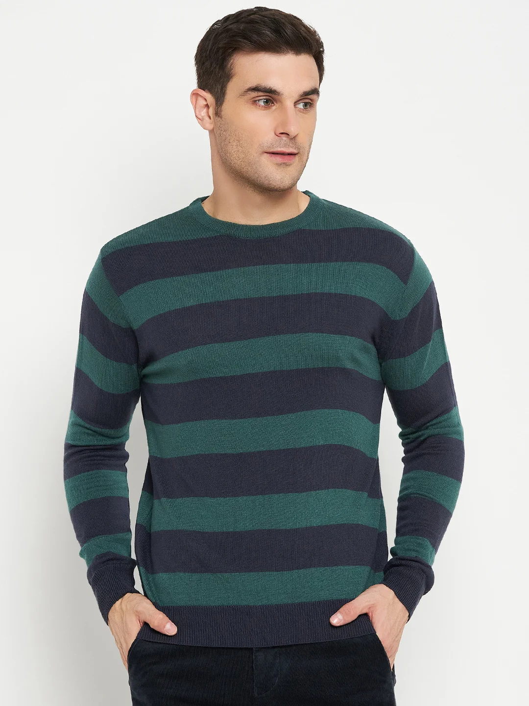 Striped Navy Blue Full Sleeves Round Neck Regular Fit Casual Sweater for Men