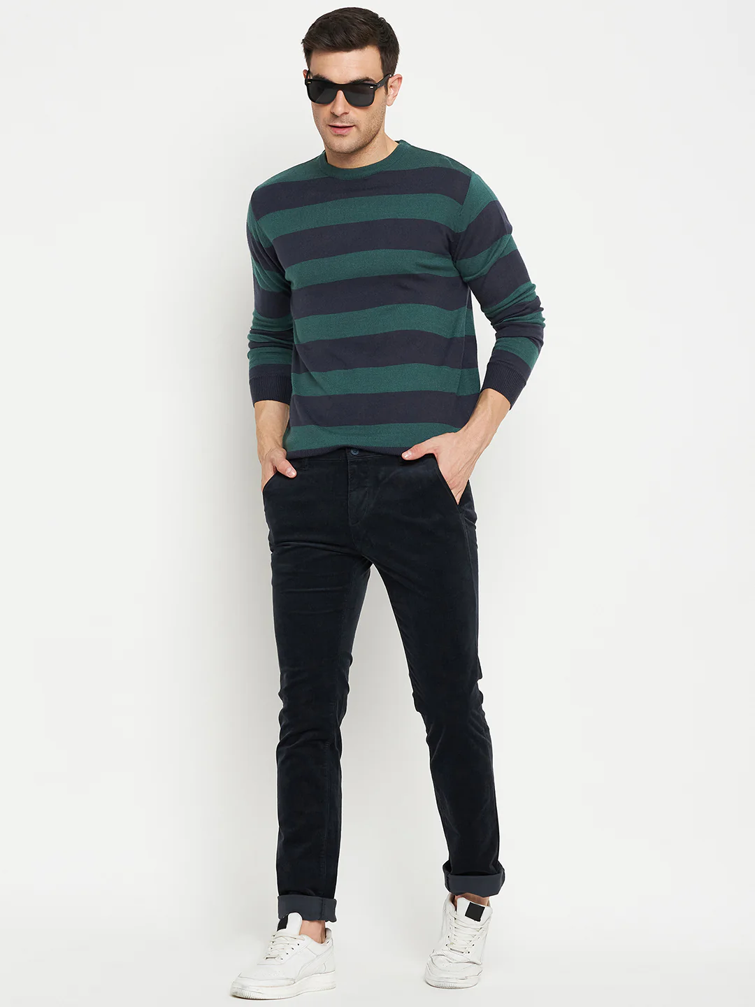 Striped Navy Blue Full Sleeves Round Neck Regular Fit Casual Sweater for Men - Image 2