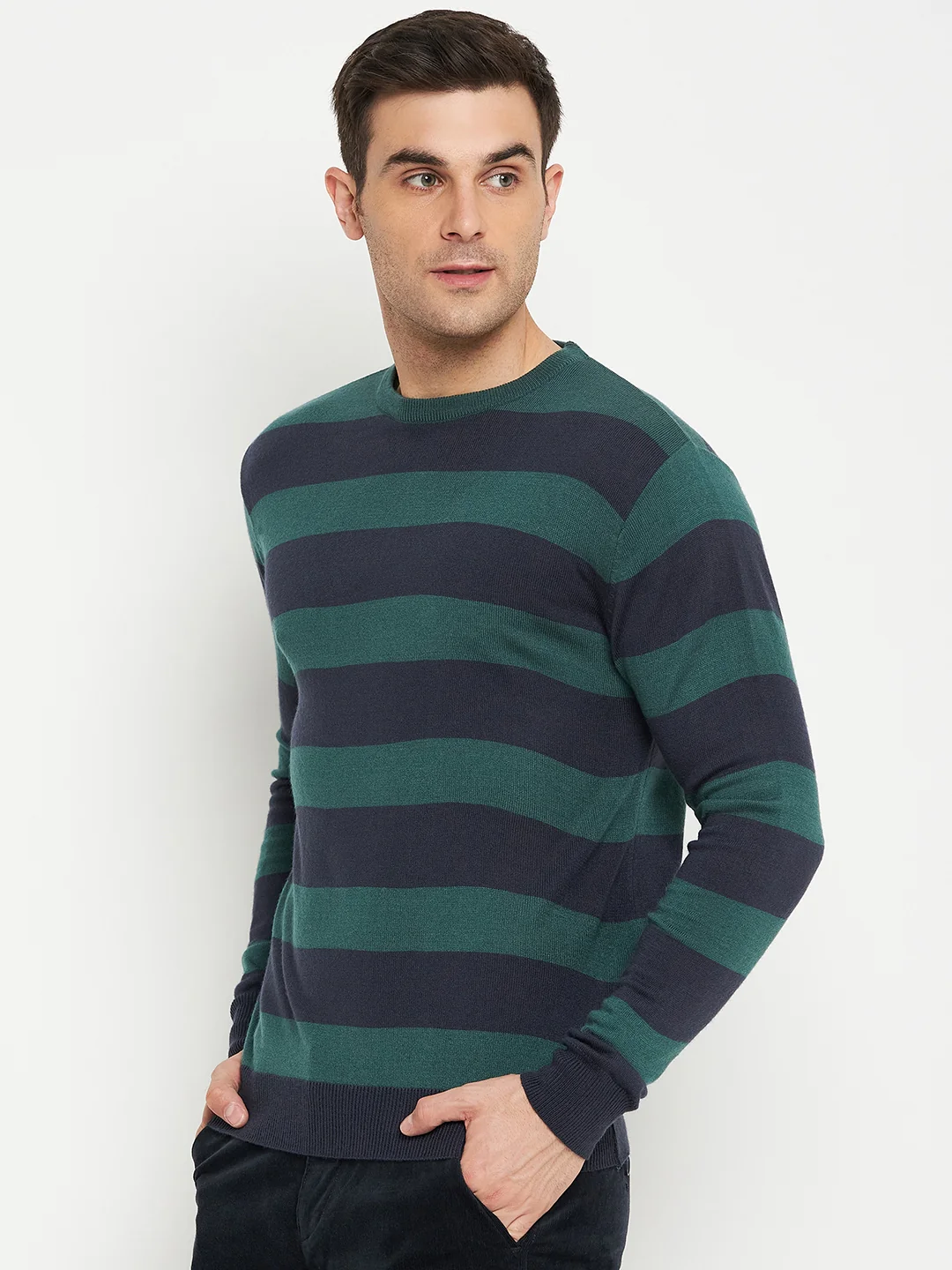 Striped Navy Blue Full Sleeves Round Neck Regular Fit Casual Sweater for Men - Image 3